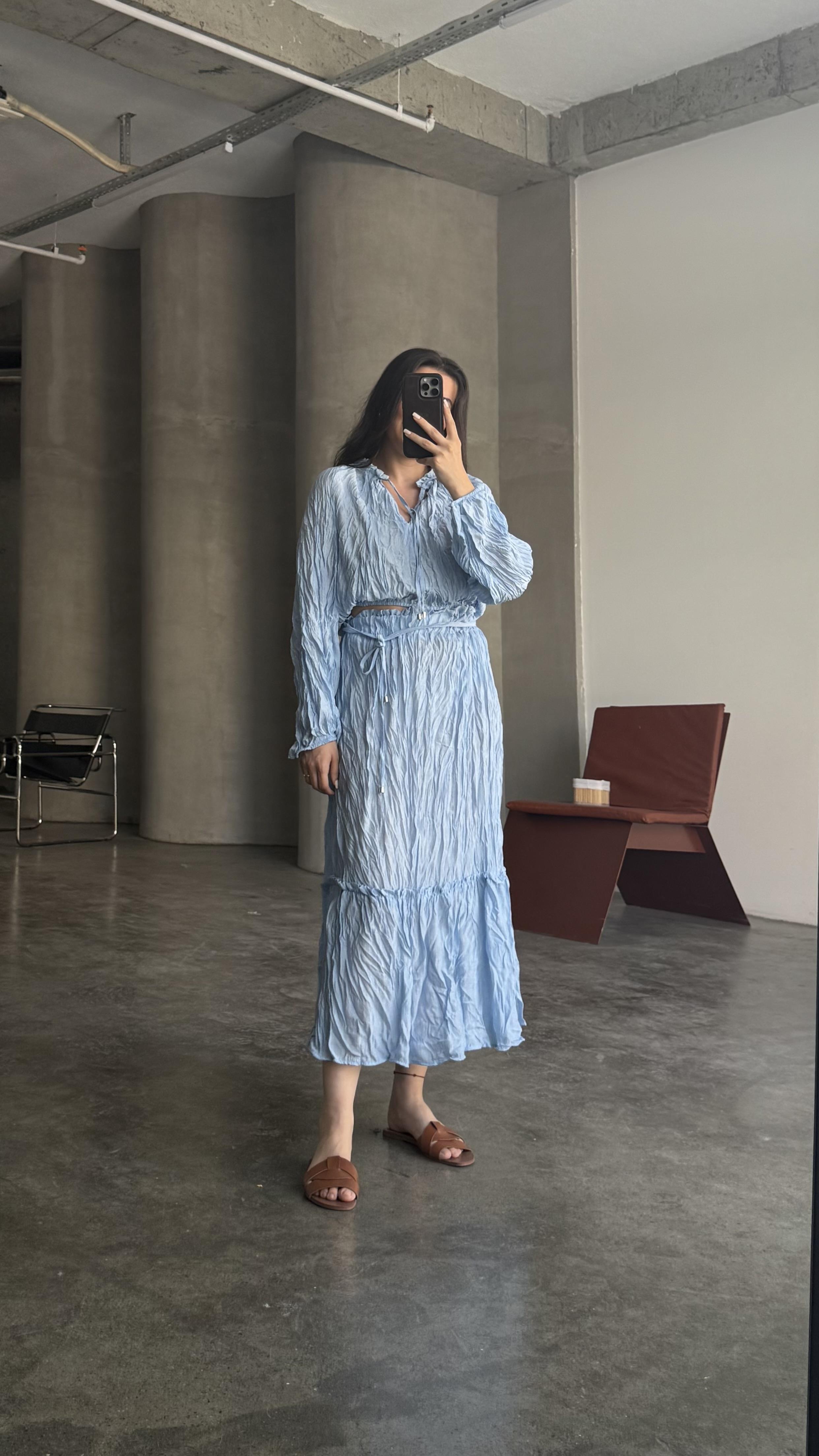 Kırışık İndigo Etek Bluz takım