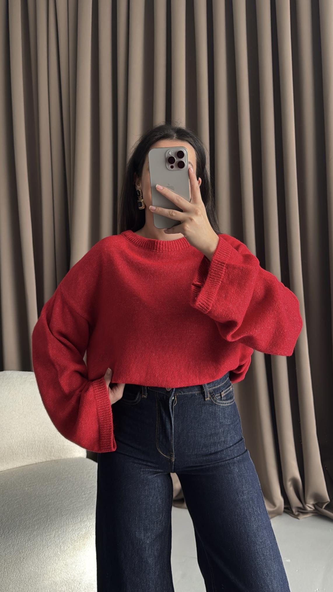 Kırmızı Bisiklet Yaka Oversize Triko Kazak