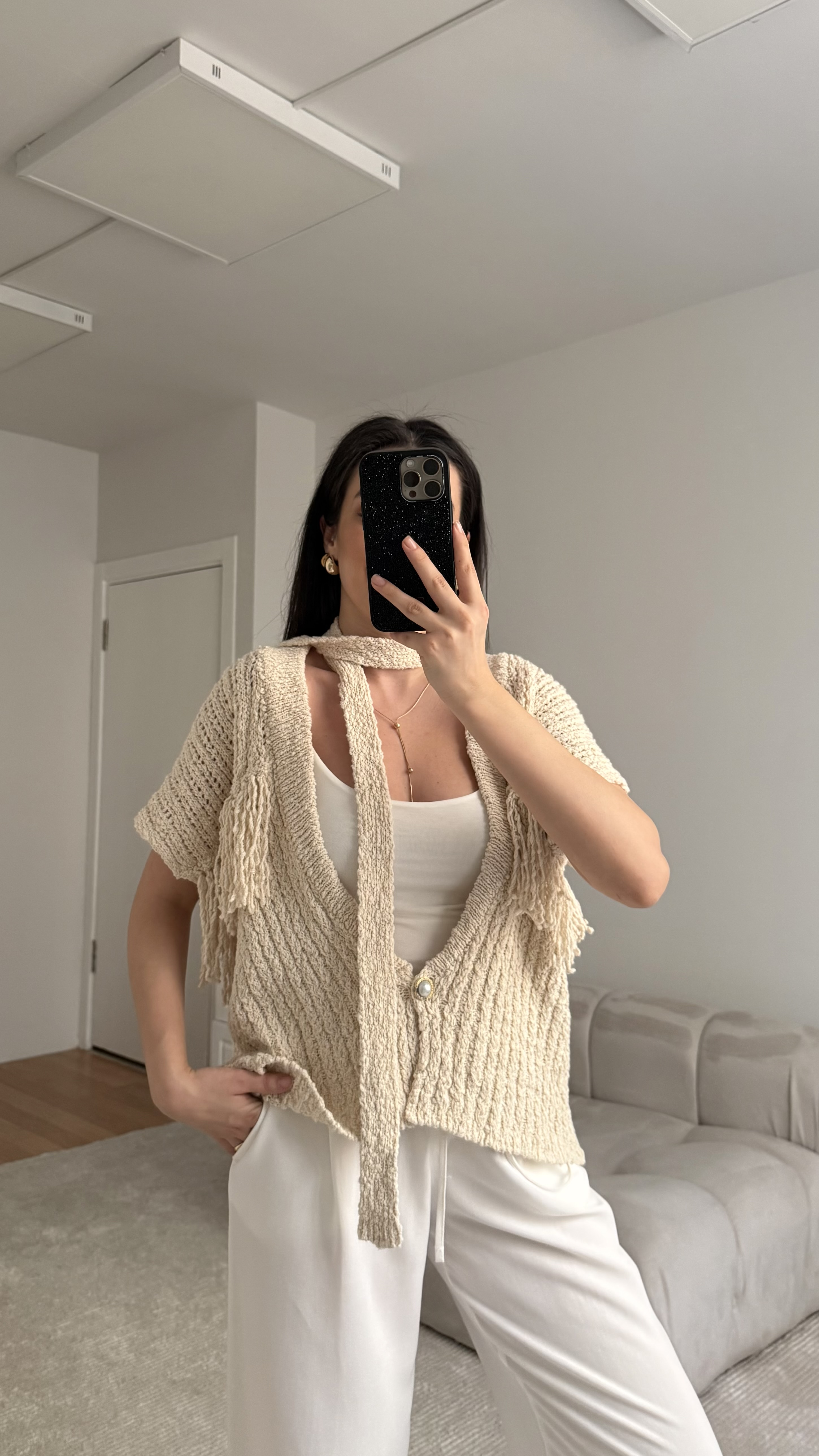 Krem Kemerli Triko Hırka