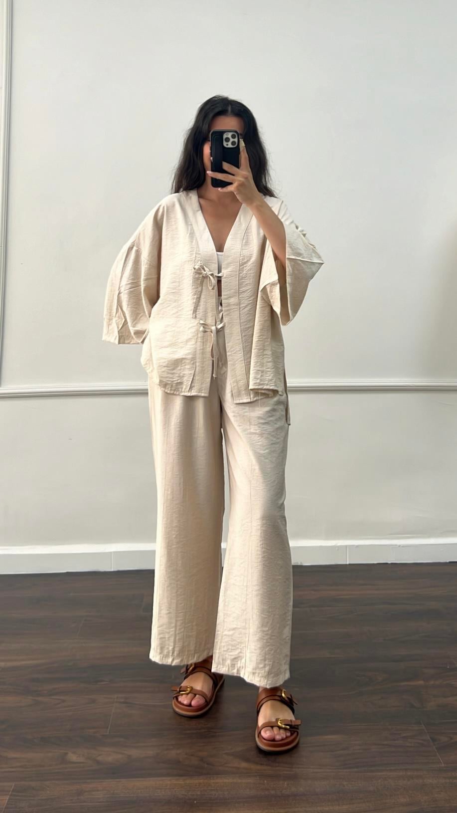 Krem Premium Bağlamalı Kimono Pantolon Takım