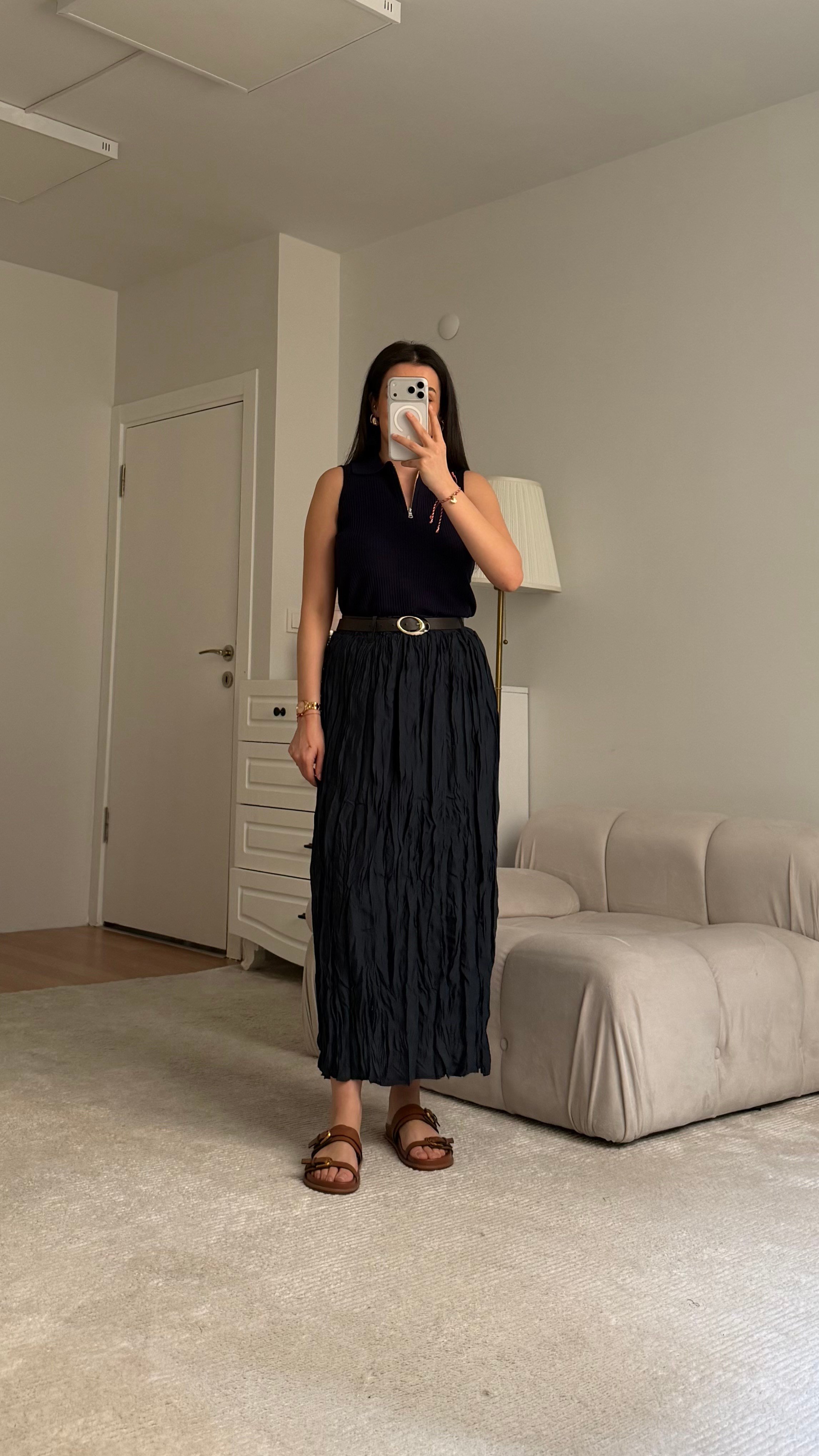 Lacivert Crush Kırışık Efektli Kemerli Premium Etek