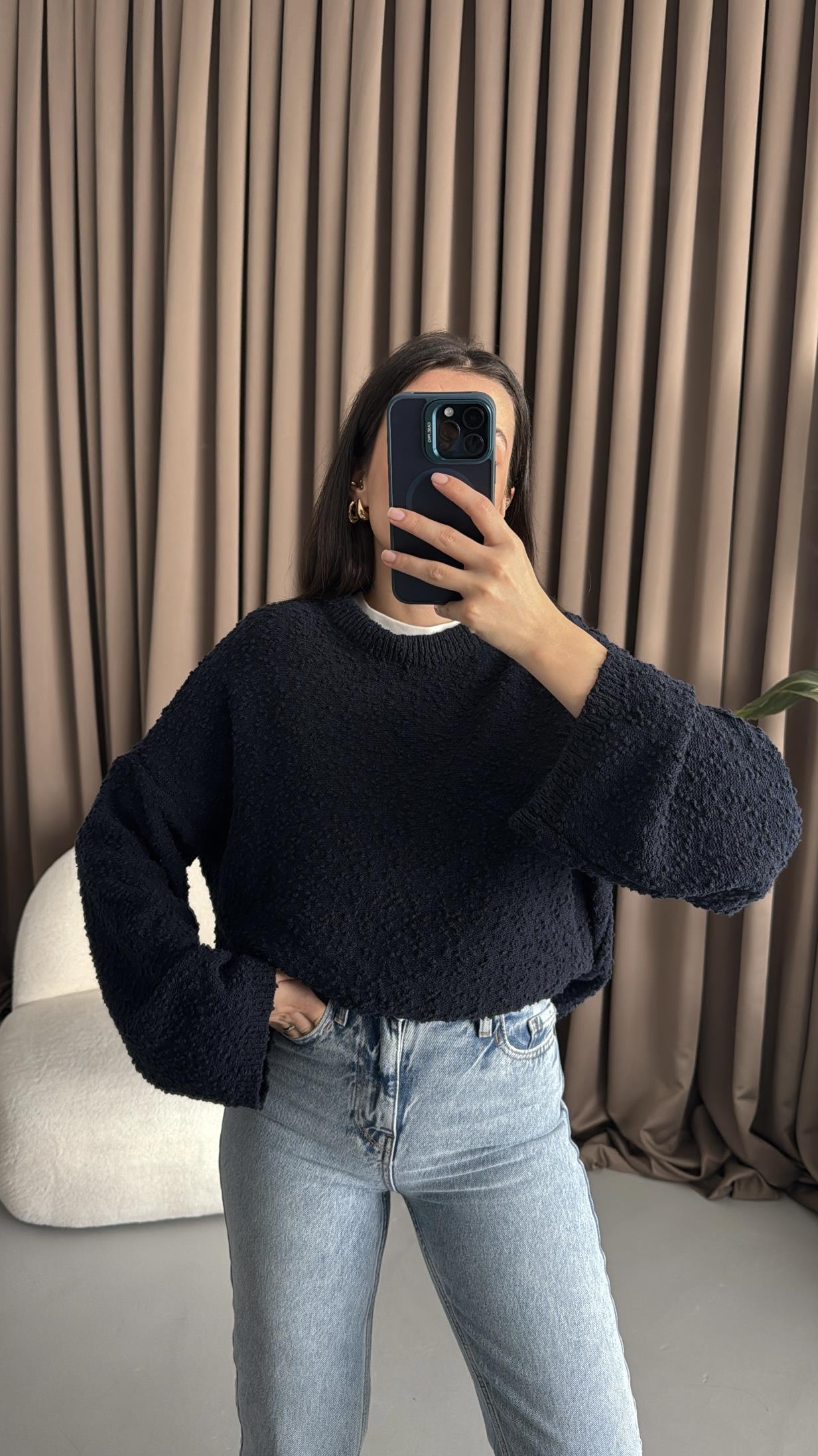 Lacivert Dokulu Oversize Triko Kazak