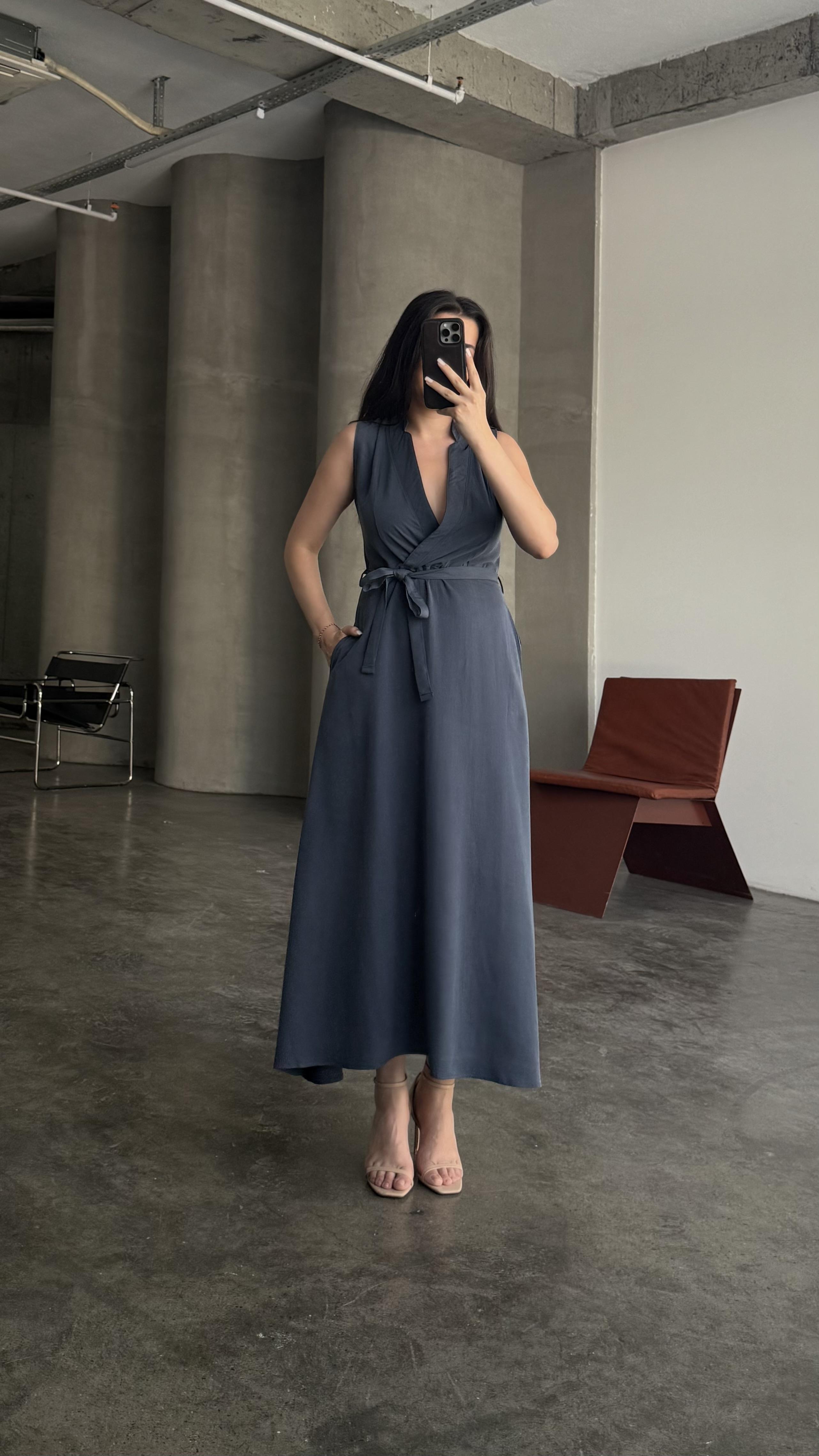 Lacivert Kruvaze Yaka Tensel Kuşaklı Elbise