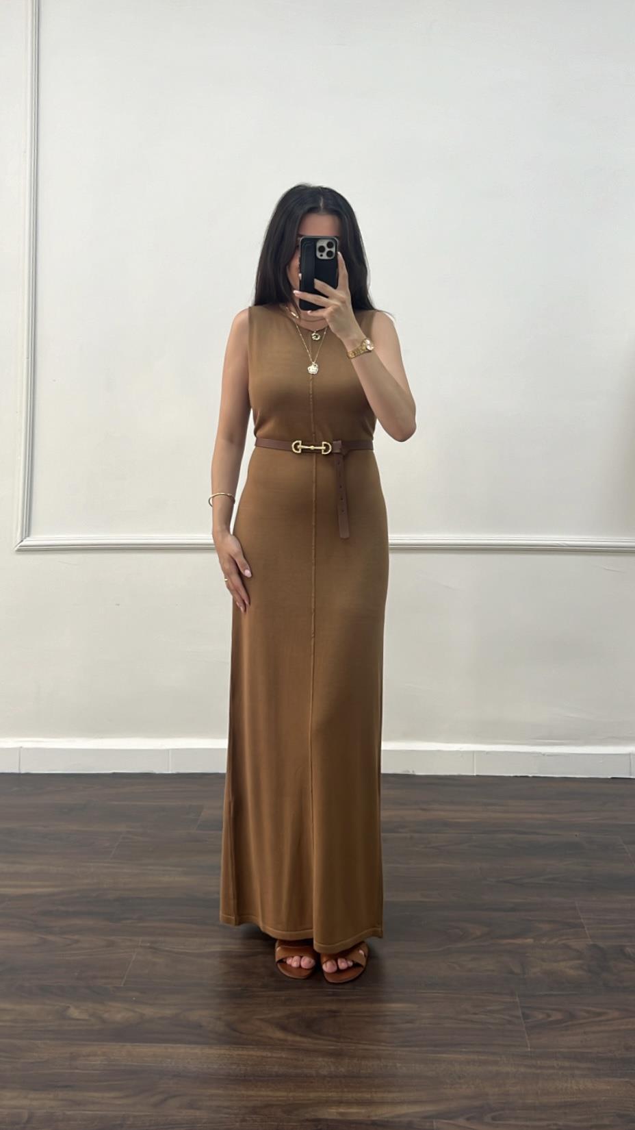 Long Kahve İnce Triko Düz Elbise