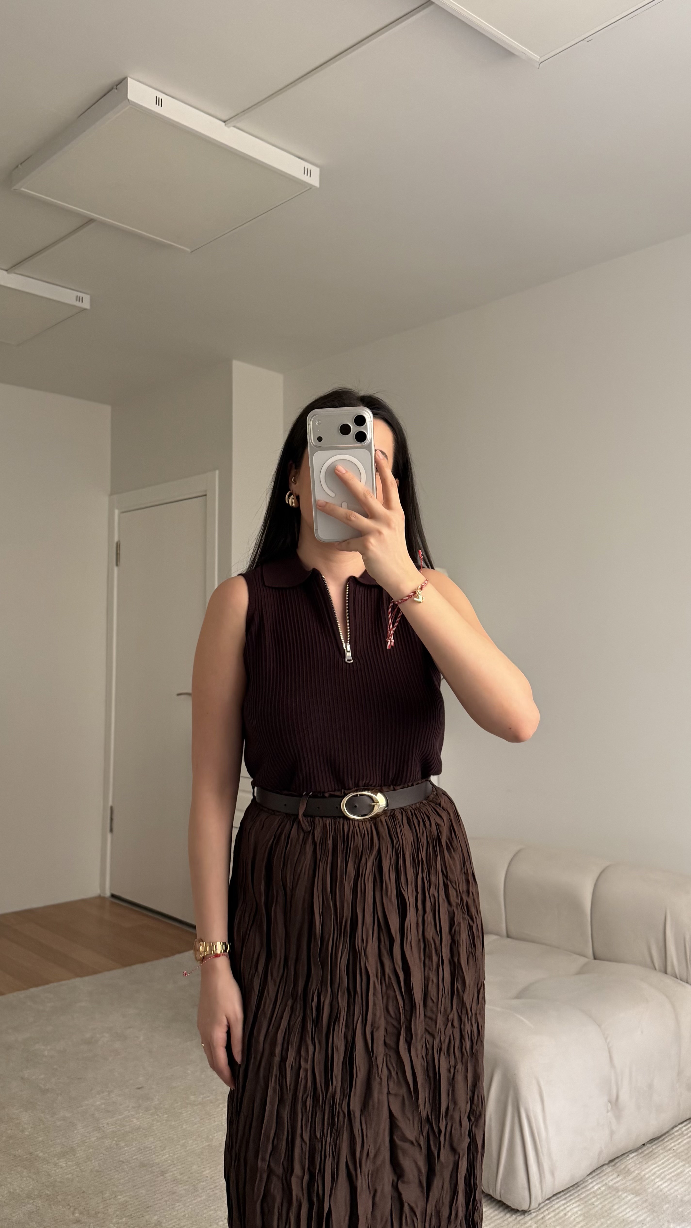 Mad Acı Kahve Fermuarlı Polo Yaka Fitilli Bluz