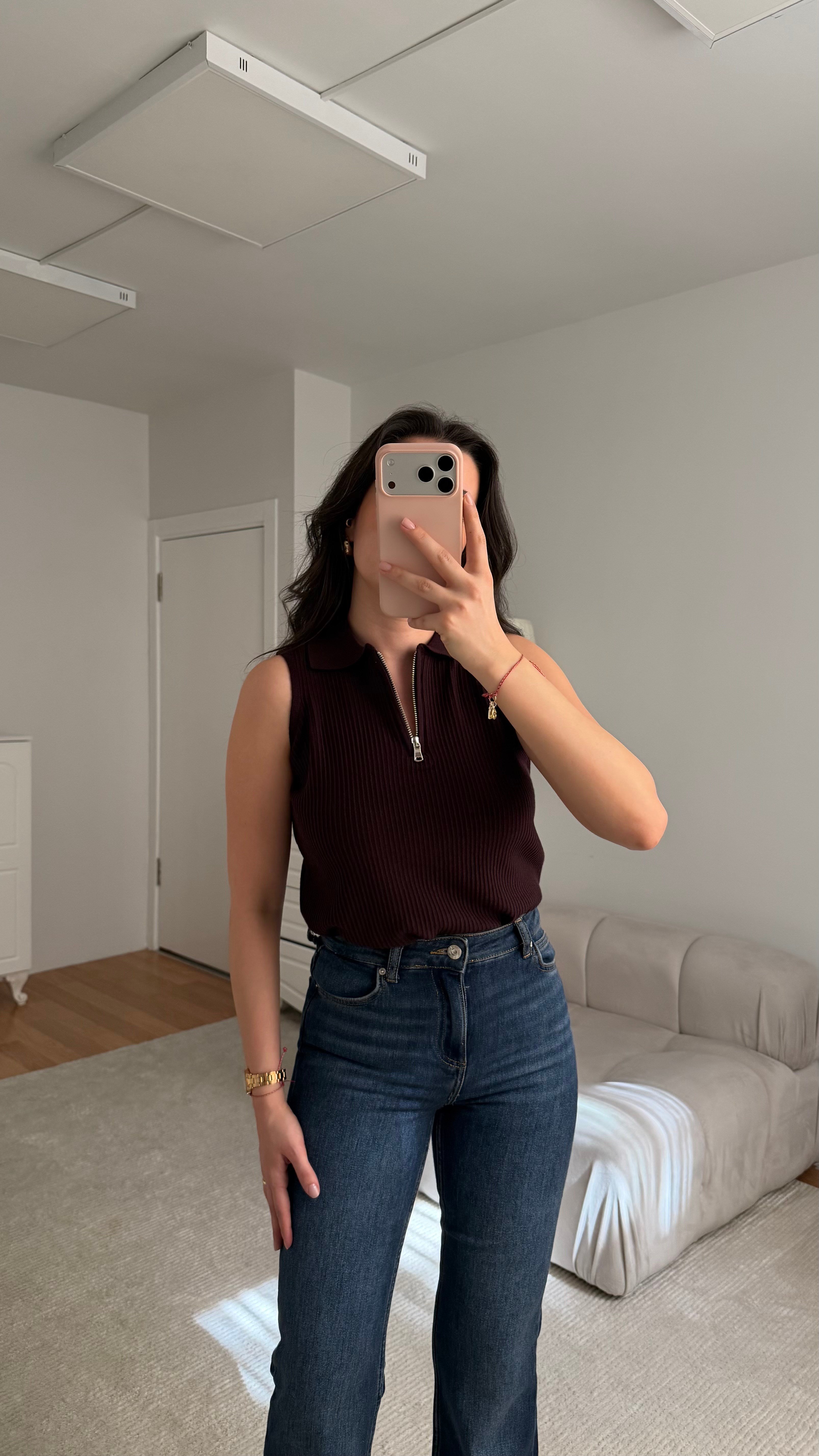 Mad Acı Kahve Fermuarlı Polo Yaka Fitilli Bluz