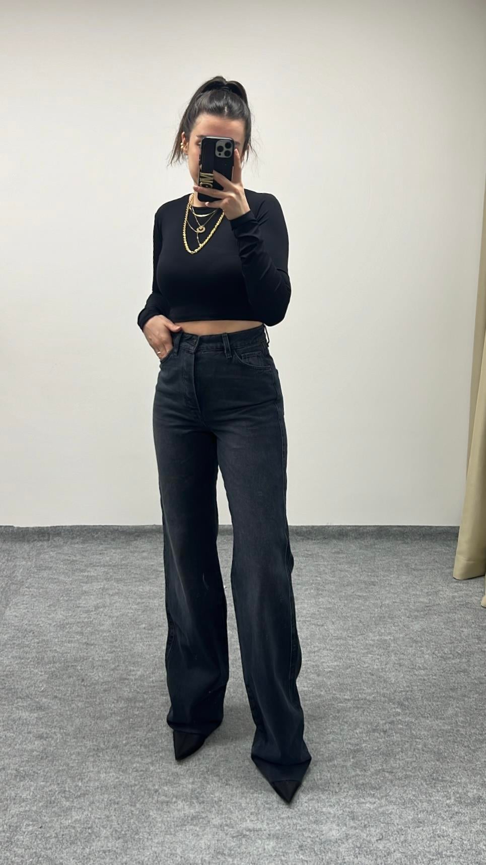 MAD ANTRASİT DÜĞMELİ WİDE LEG JEAN