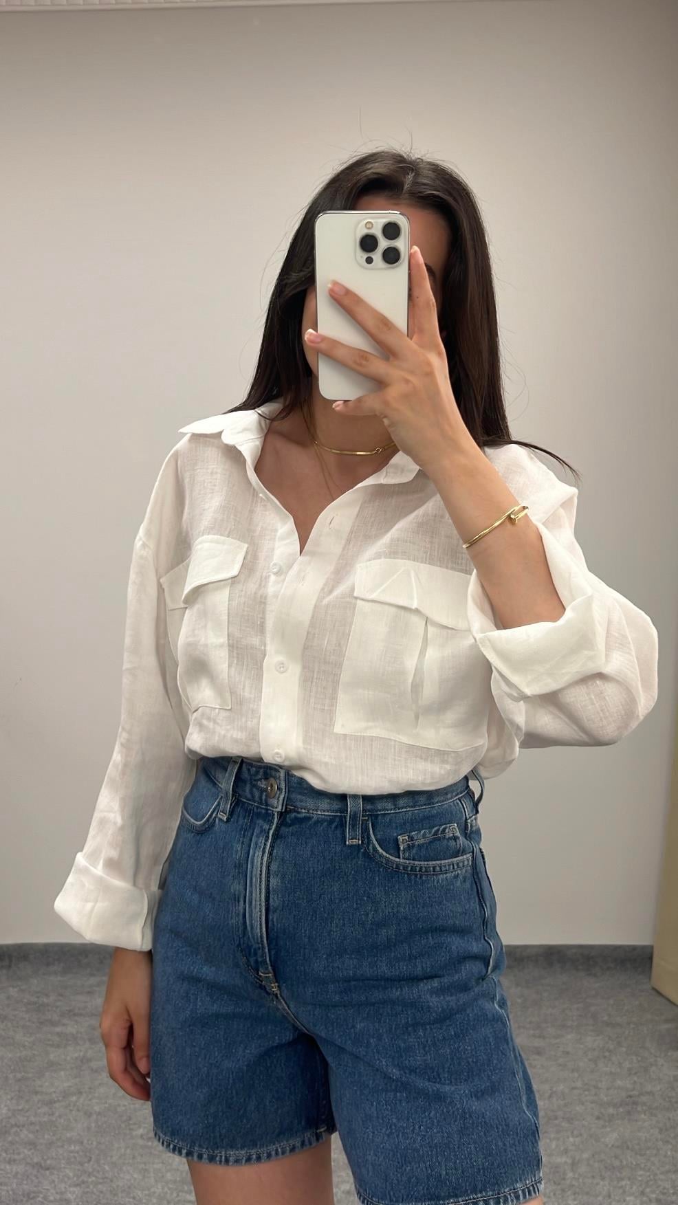 Mad Beyaz Bohem Ham Keten Gömlek