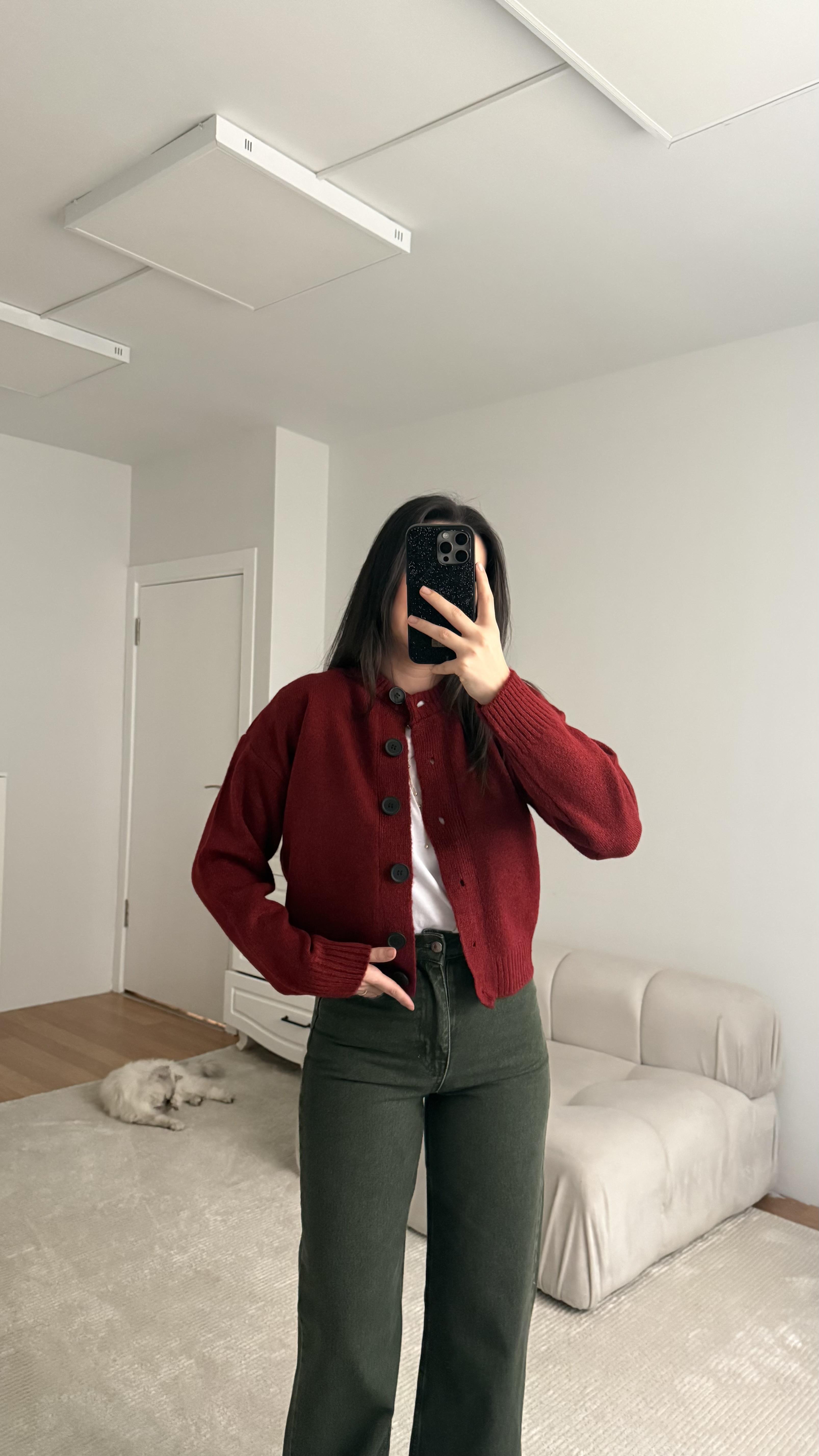 Mad Bordo  Bisiklet Yaka Düğmeli Triko Hırka