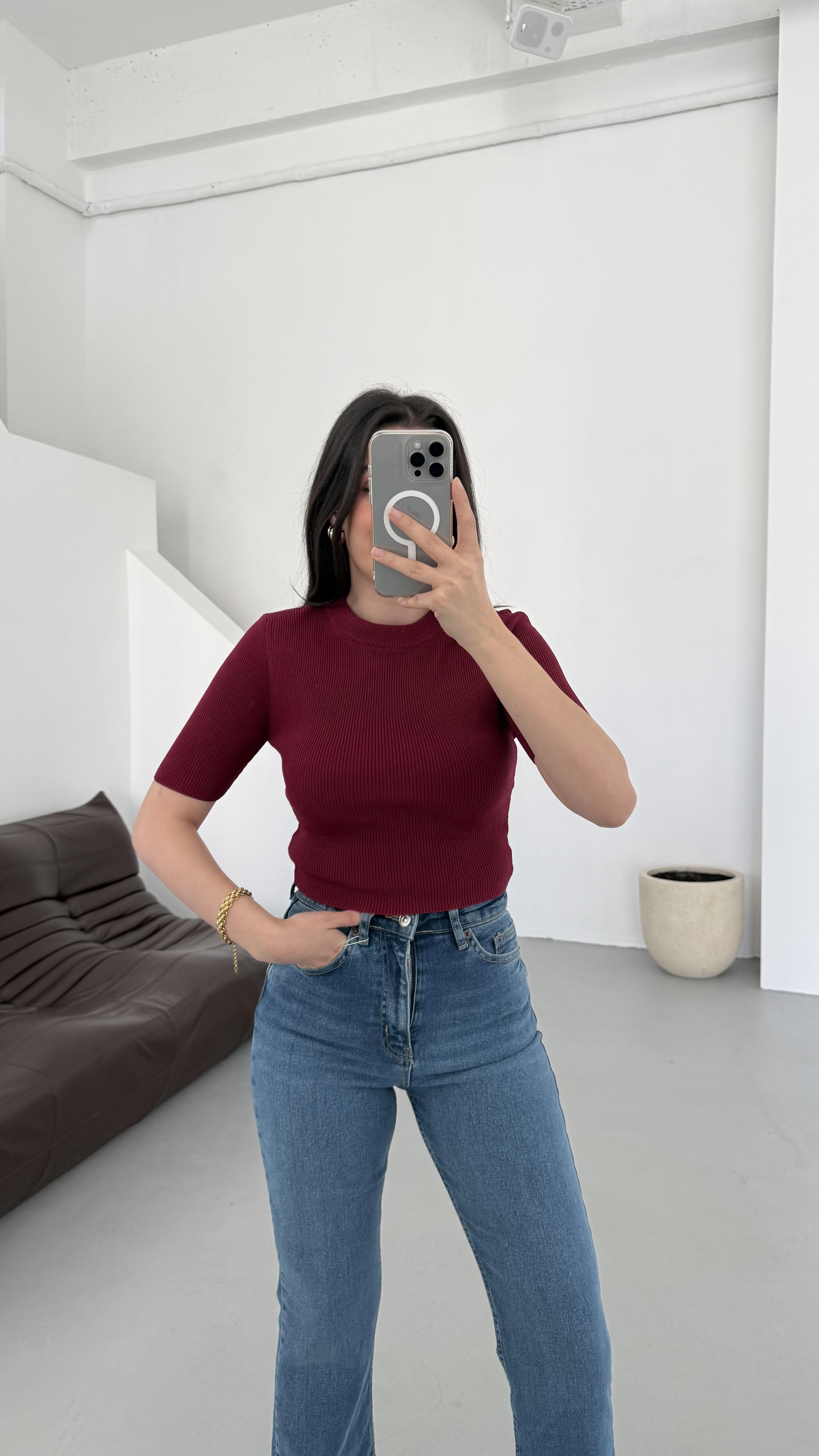 Mad Bordo Kısa Kollu Örme Triko