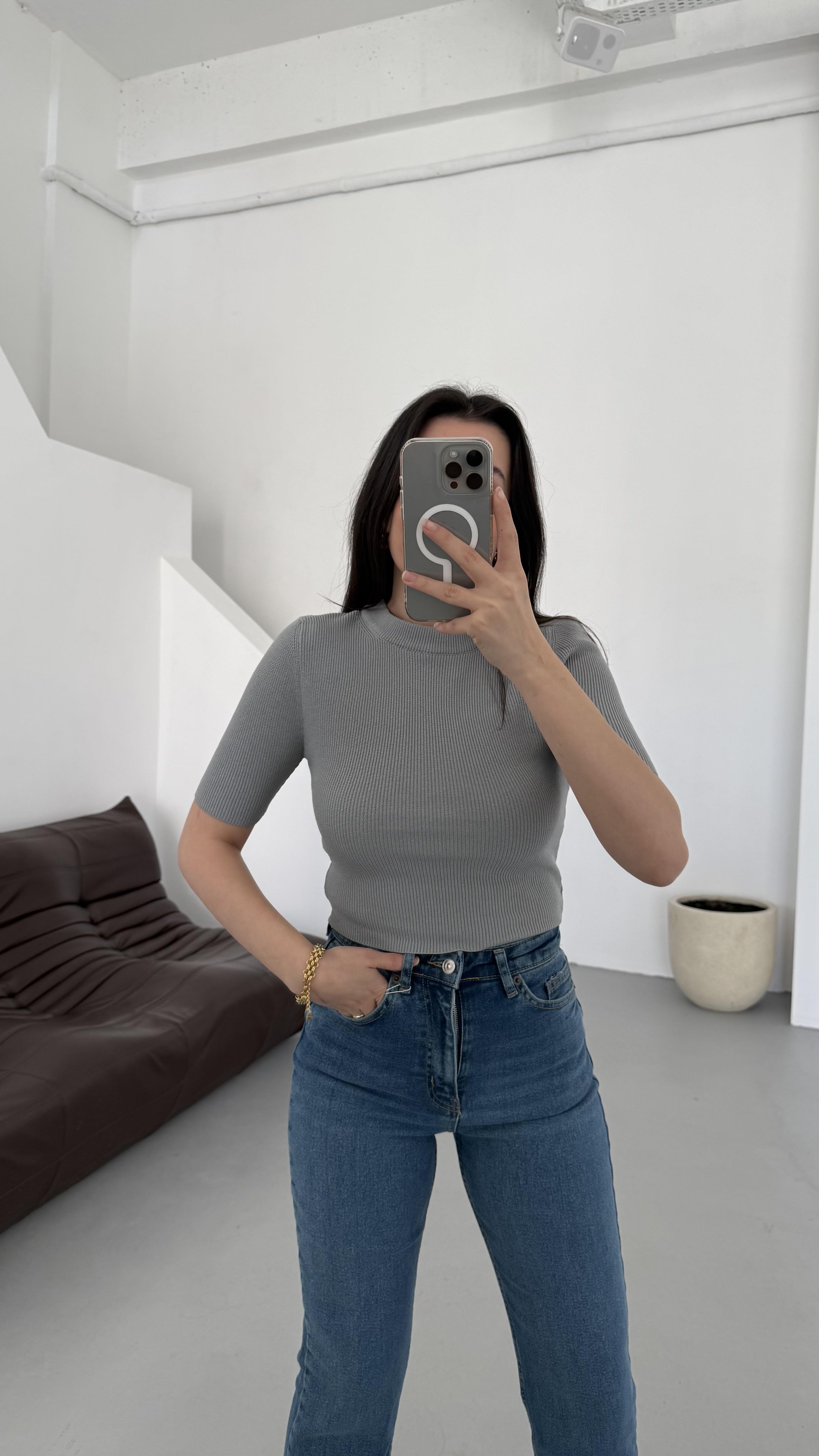 Mad Gri Kısa Kollu Örme Triko