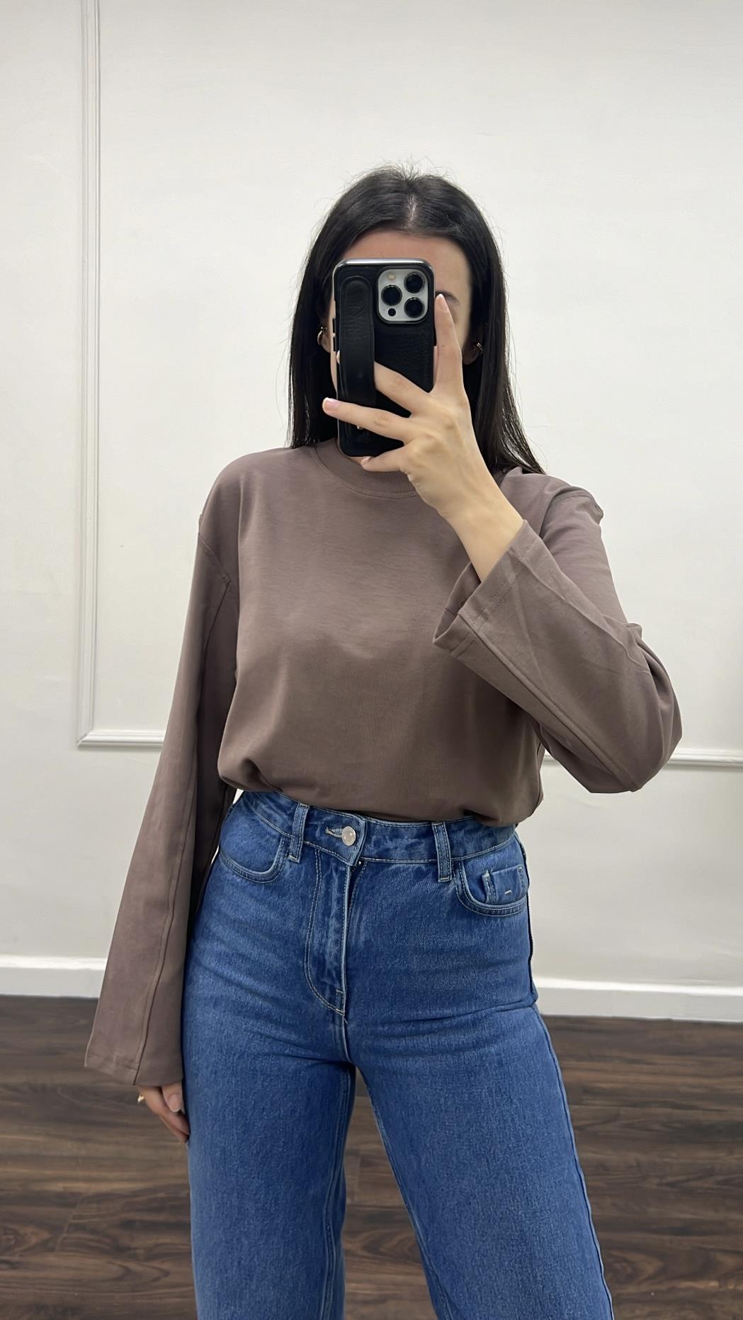 Mad Kahve Dikiş Detay Uzun Kollu Basıc Tişört