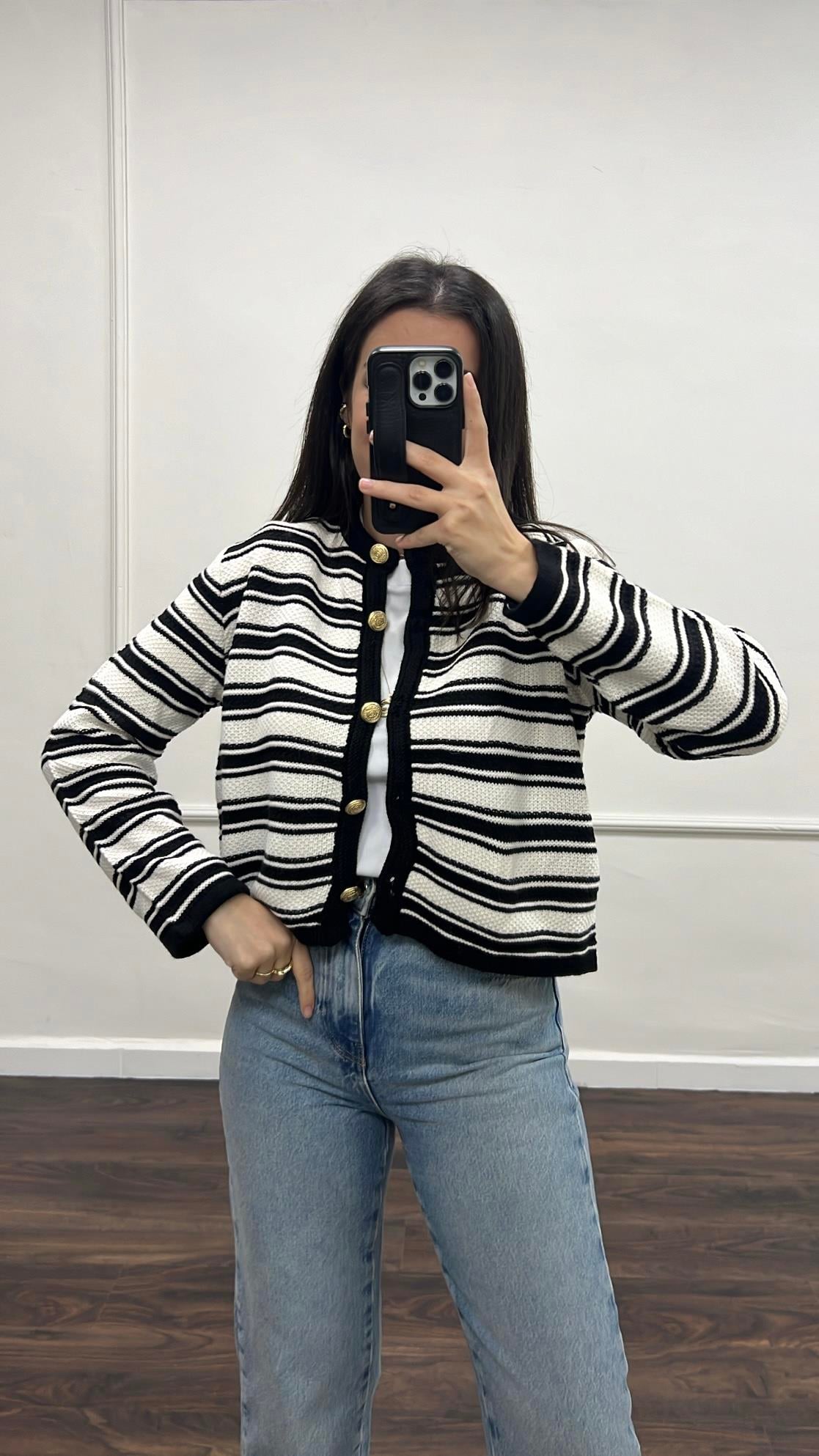 Mad Siyah Çizgili Premıum Triko Hırka