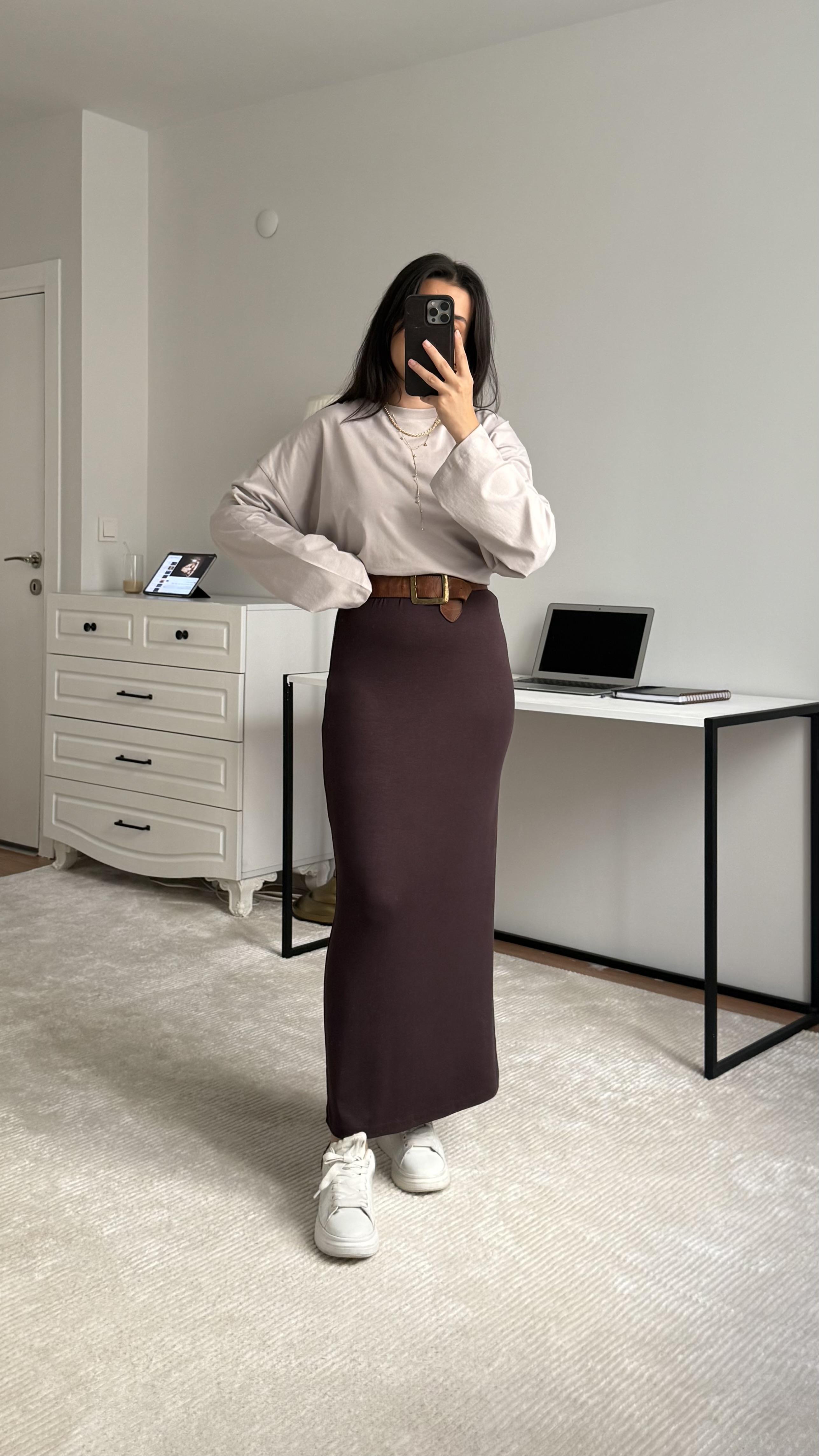 Mark Acı Kahve Soft Touch Midi Boy Etek