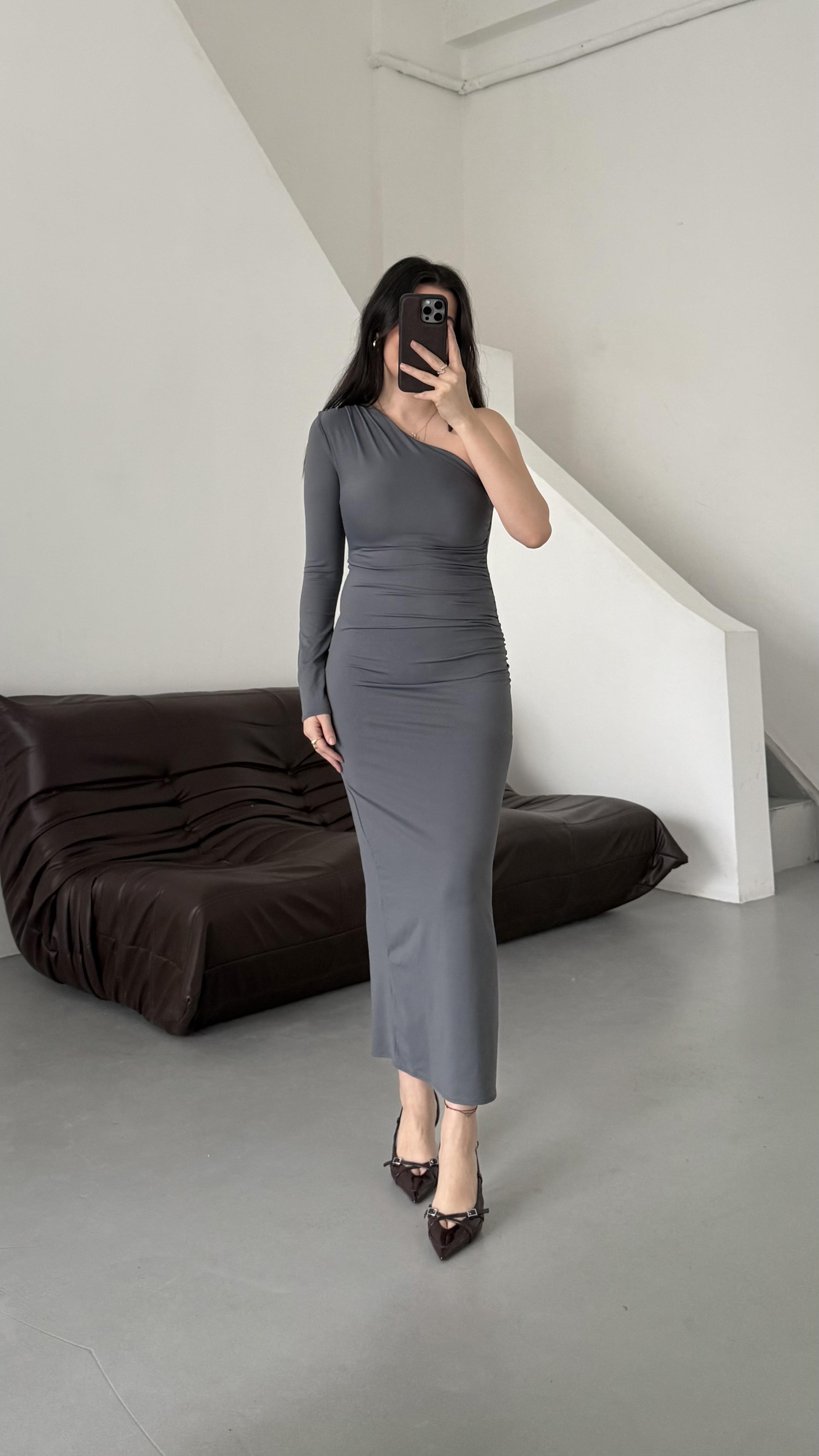 Marka Antrasit Tek Omuz Midi Elbise