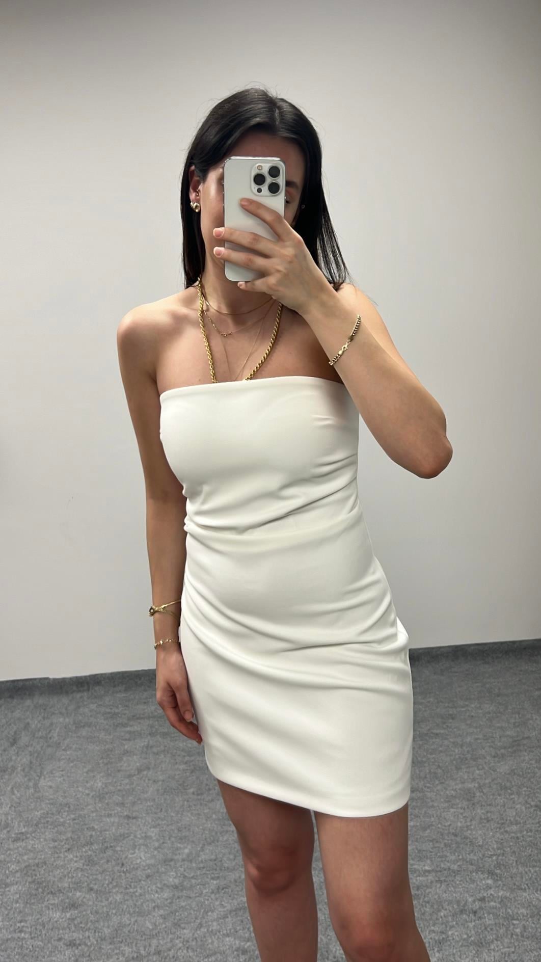 MARKA BEYAZ STRAPLEZ ELBİSE