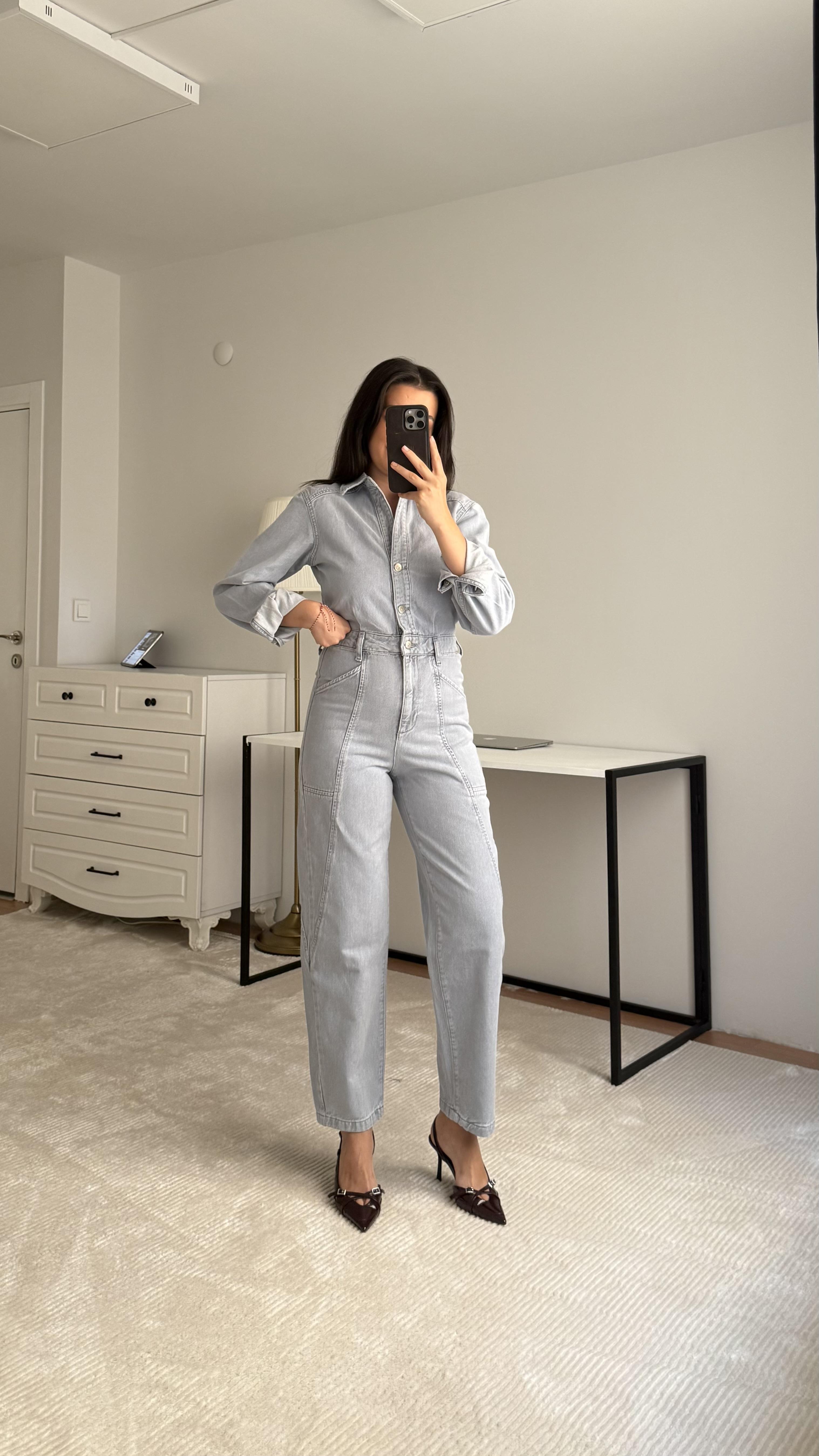 Marka Gri/Mavi Dikiş Detaylı Tulum