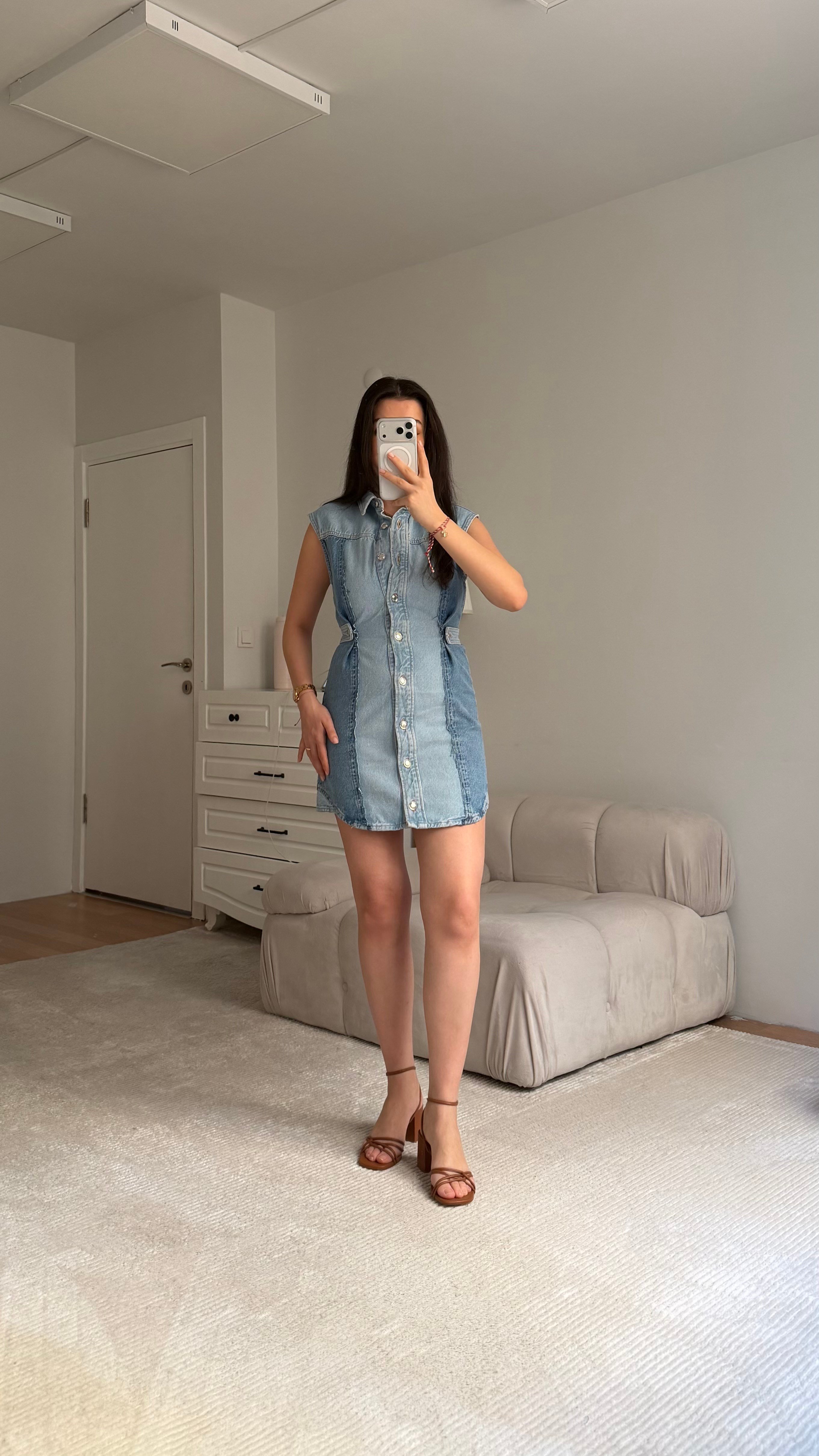 Marka Mavi Şerit Detaylı Denim Elbise 