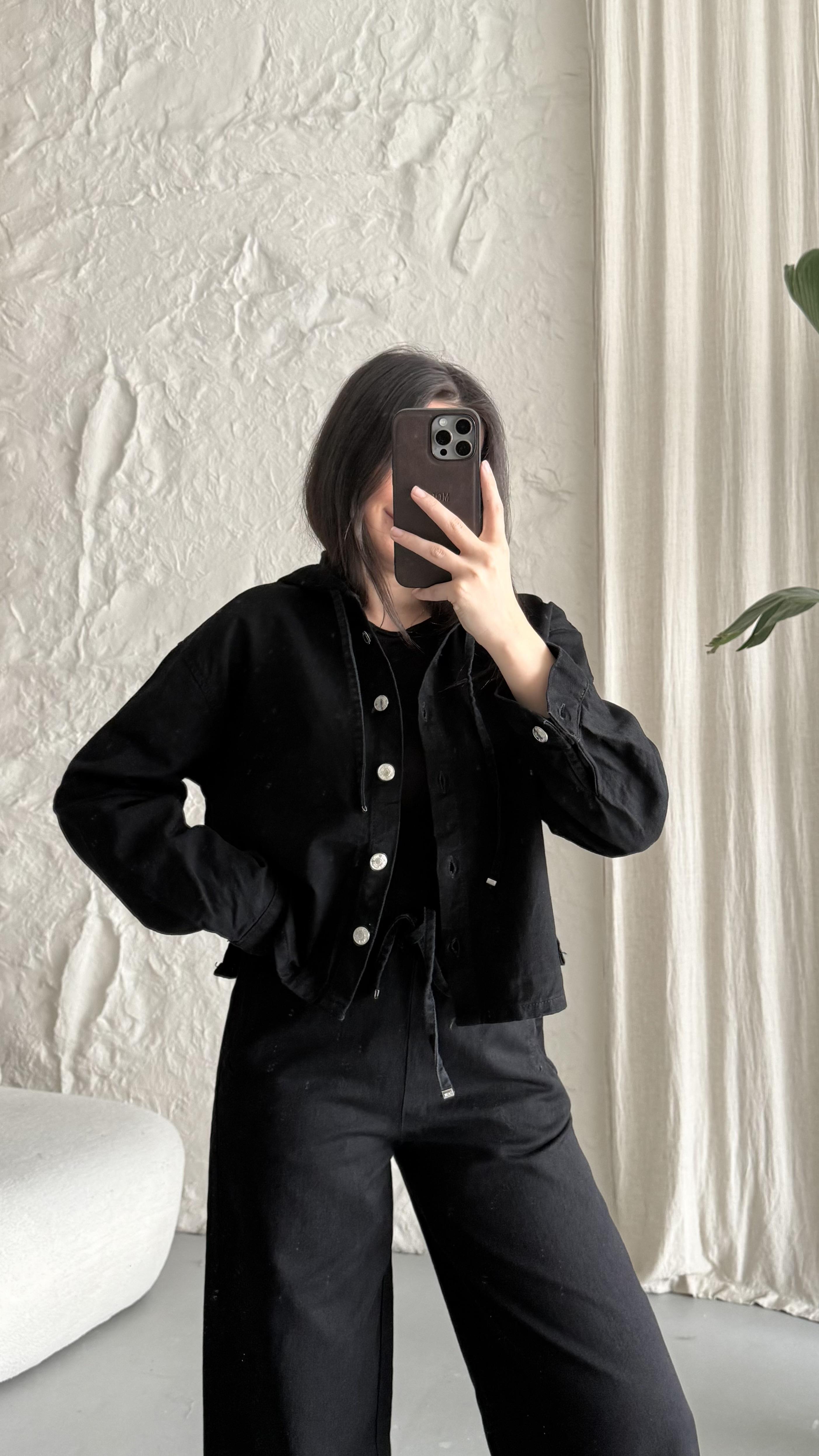 Marka Siyah Kapüşonlu Denim Gömlek Ceket