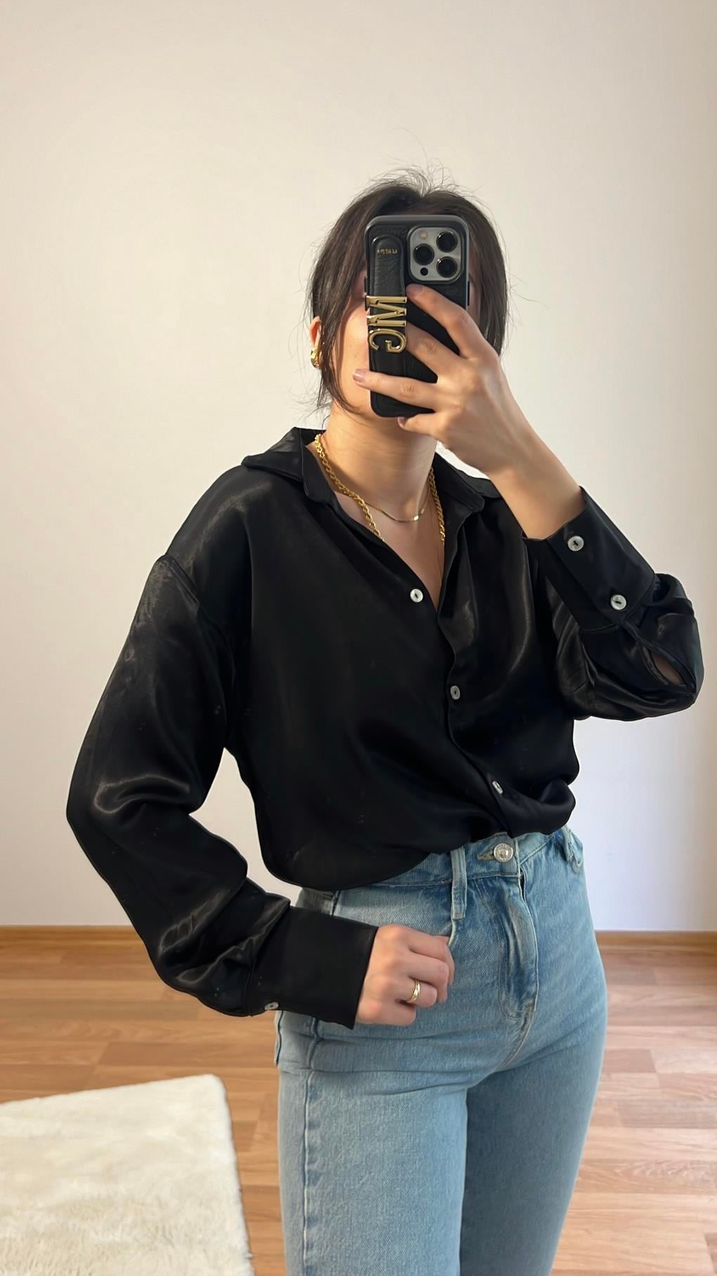 MARKA SİYAH  SATEN GÖMLEK