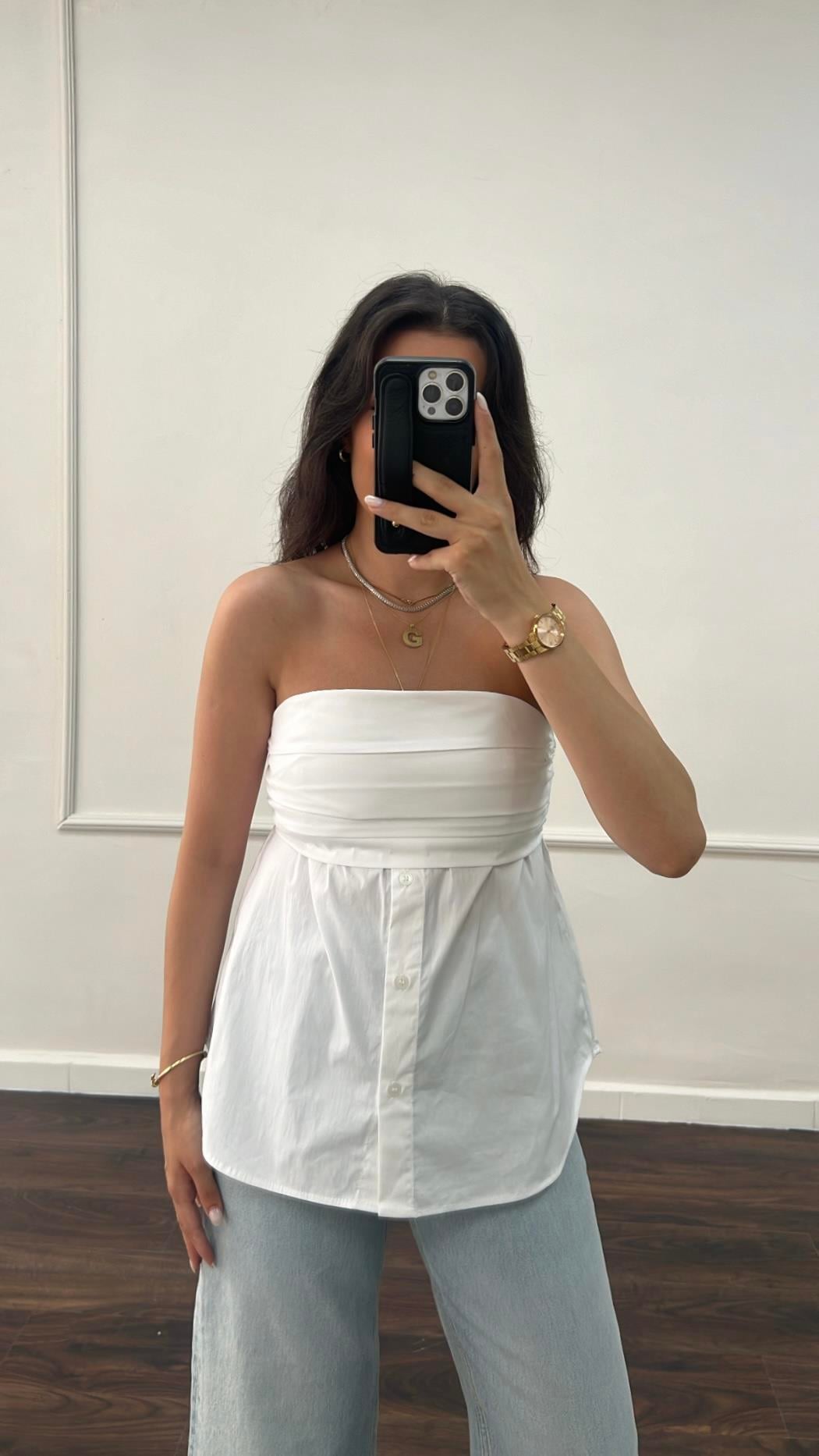 Marka Tasarım Beyaz Straplez Poplin Gömlek