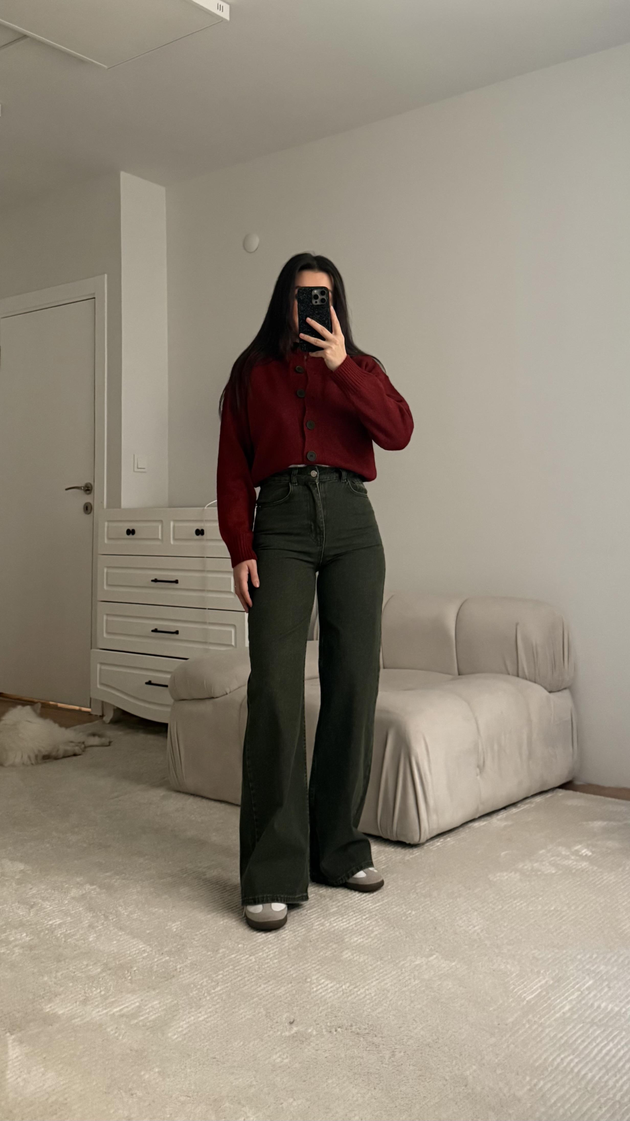 Marka Yıkamalı Haki Wide Leg Jean