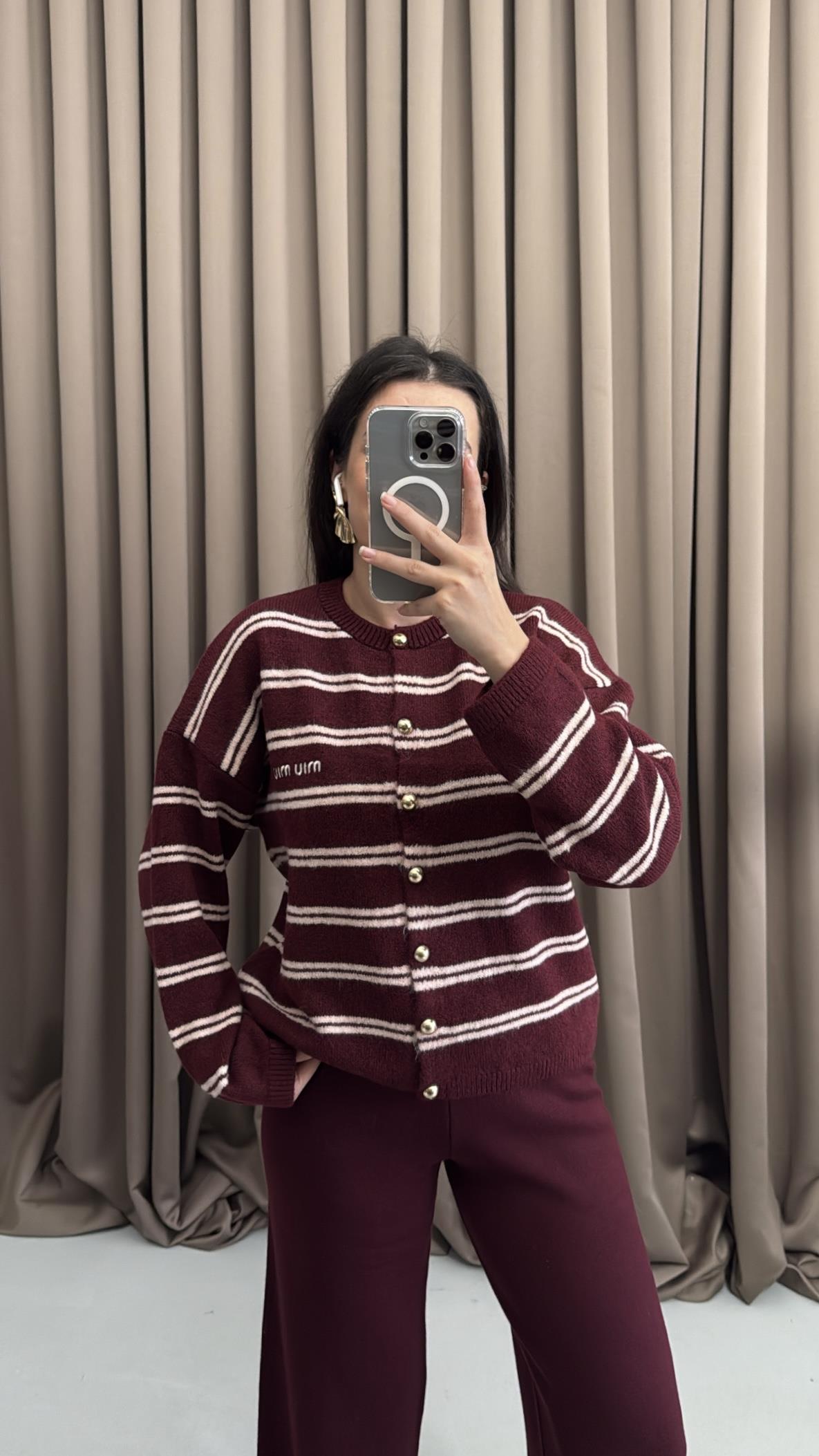 Mau Bordo/Pudra Triko Hırka