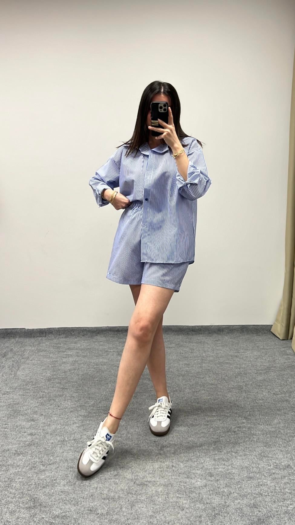 Mavi Pijama Tipi Gömlek Şort Takım