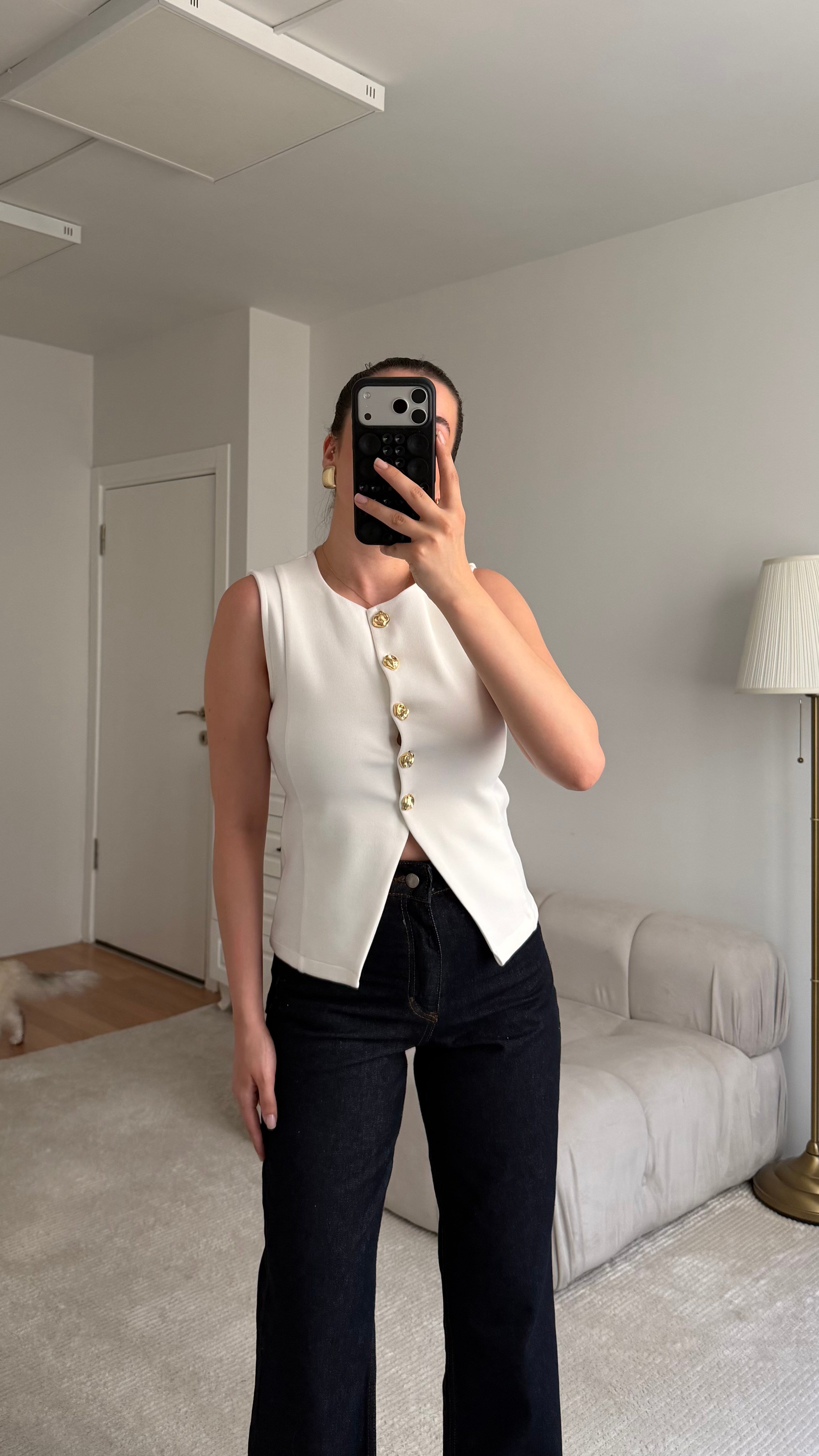 Mis Beyaz Gold Düğme Detaylı Premium Yelek 