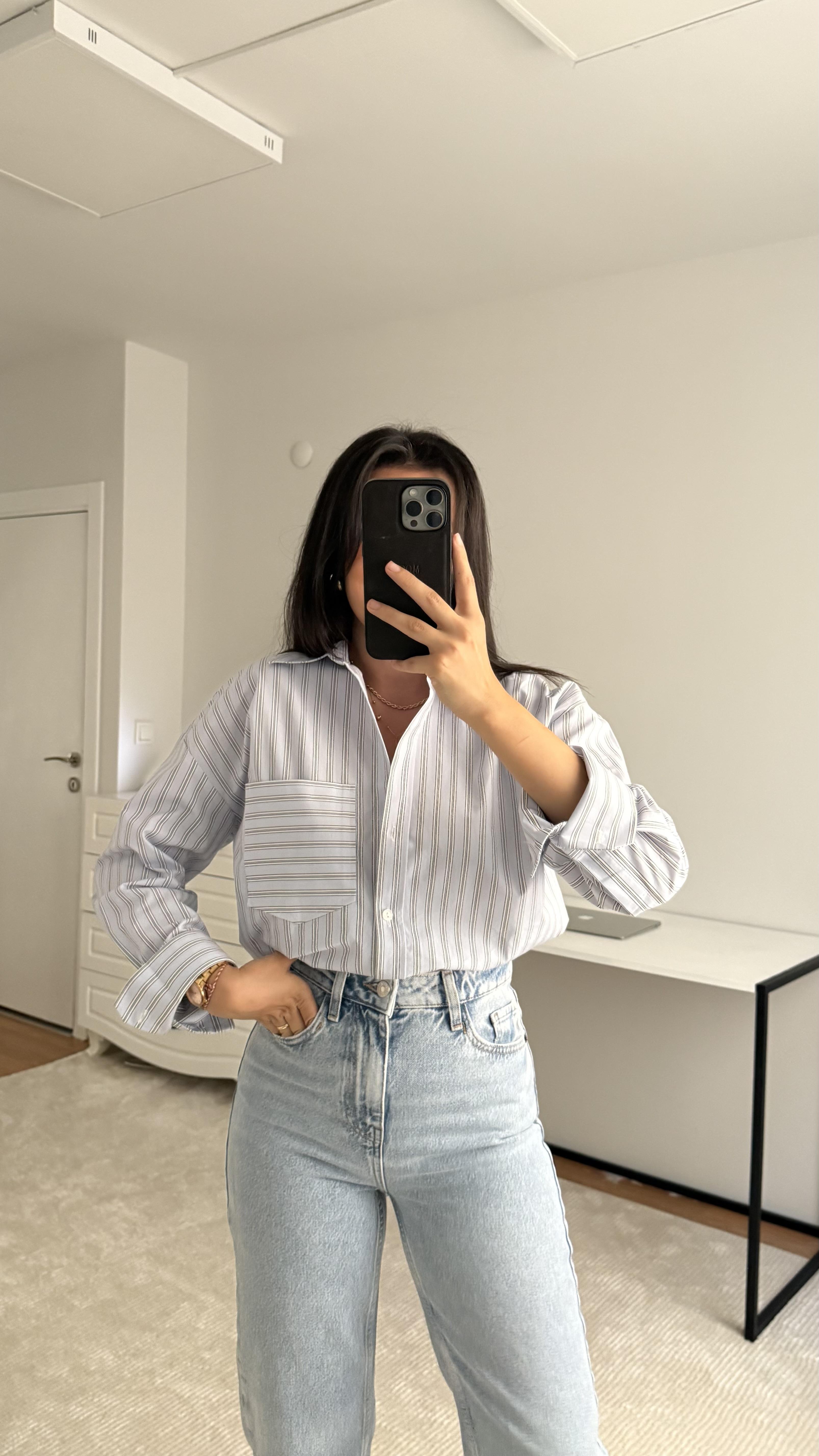 MN Bebe Mavisi Çizgili Poplin Gömlek