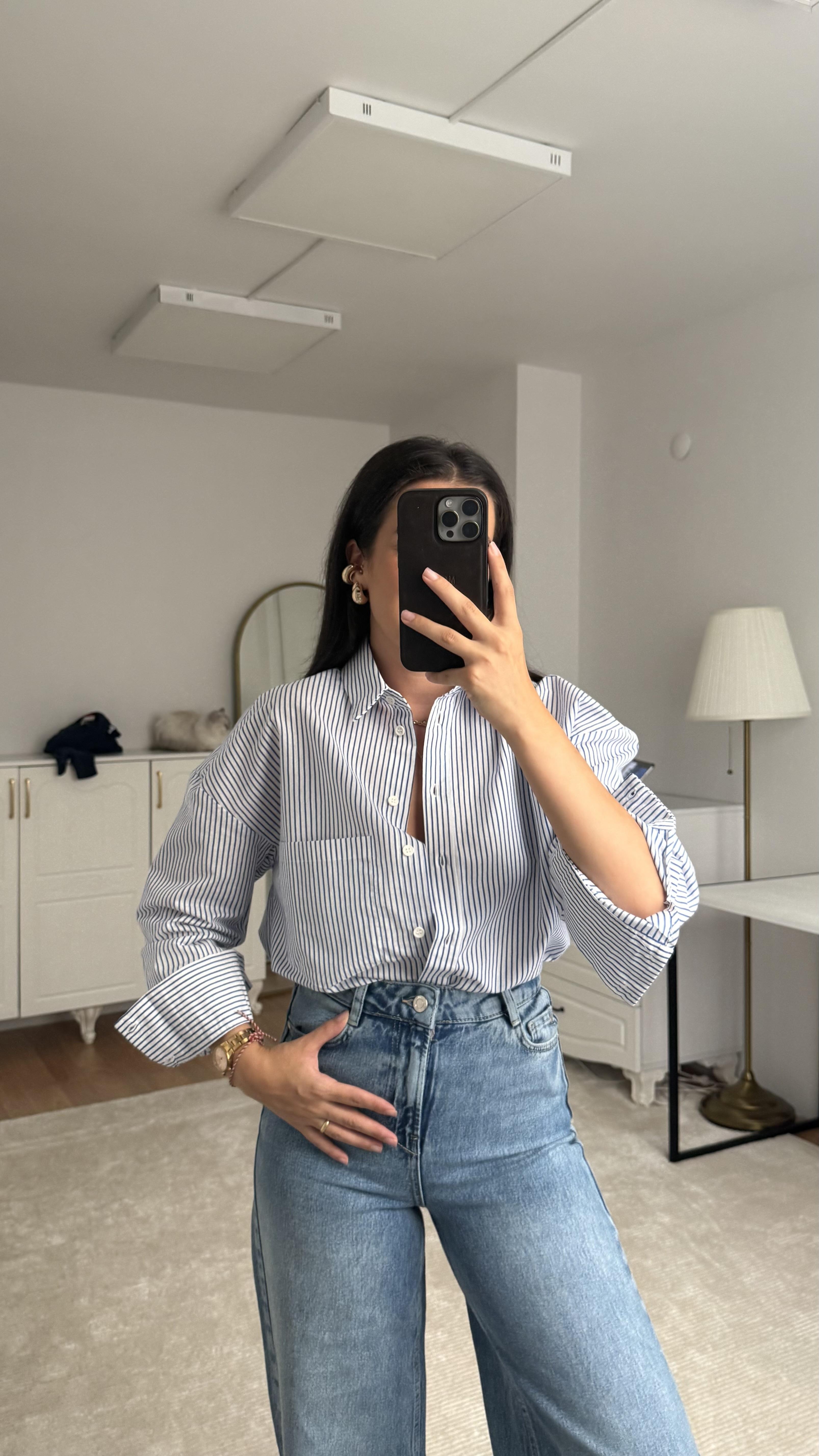Mng Laci Beyaz Çizgili Poplin Gömlek 