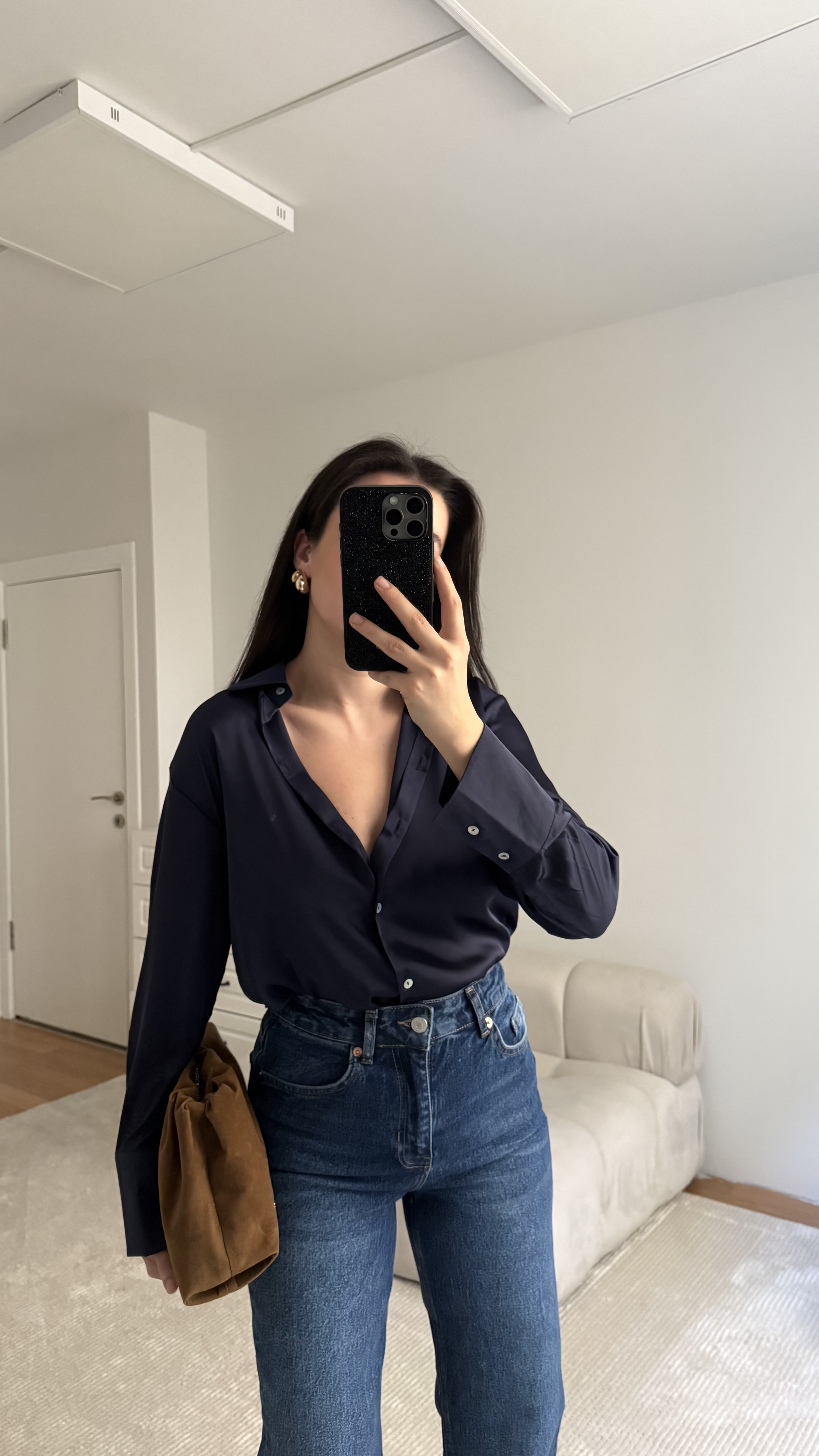 MNG Lacivert Saten Gömlek