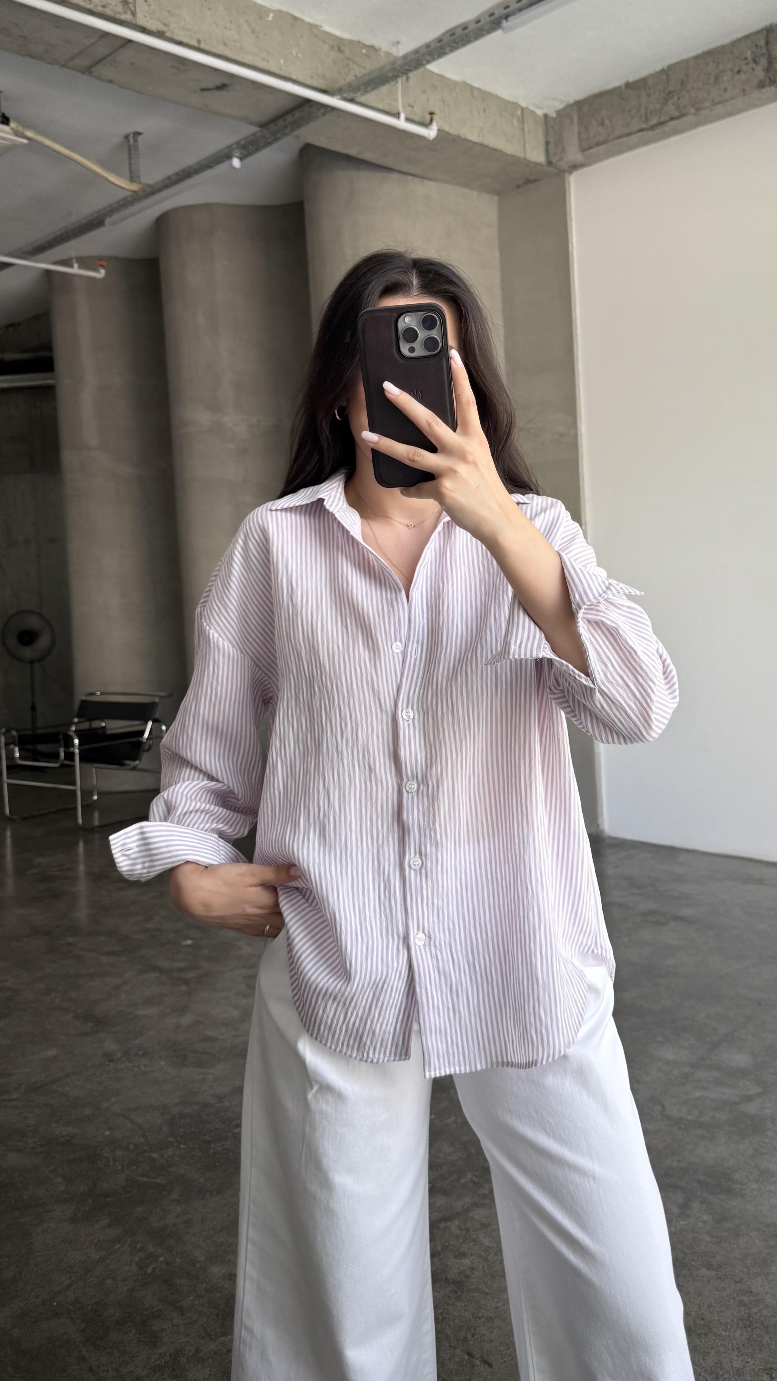 Mng Lila Beyaz Pamuk Gömlek