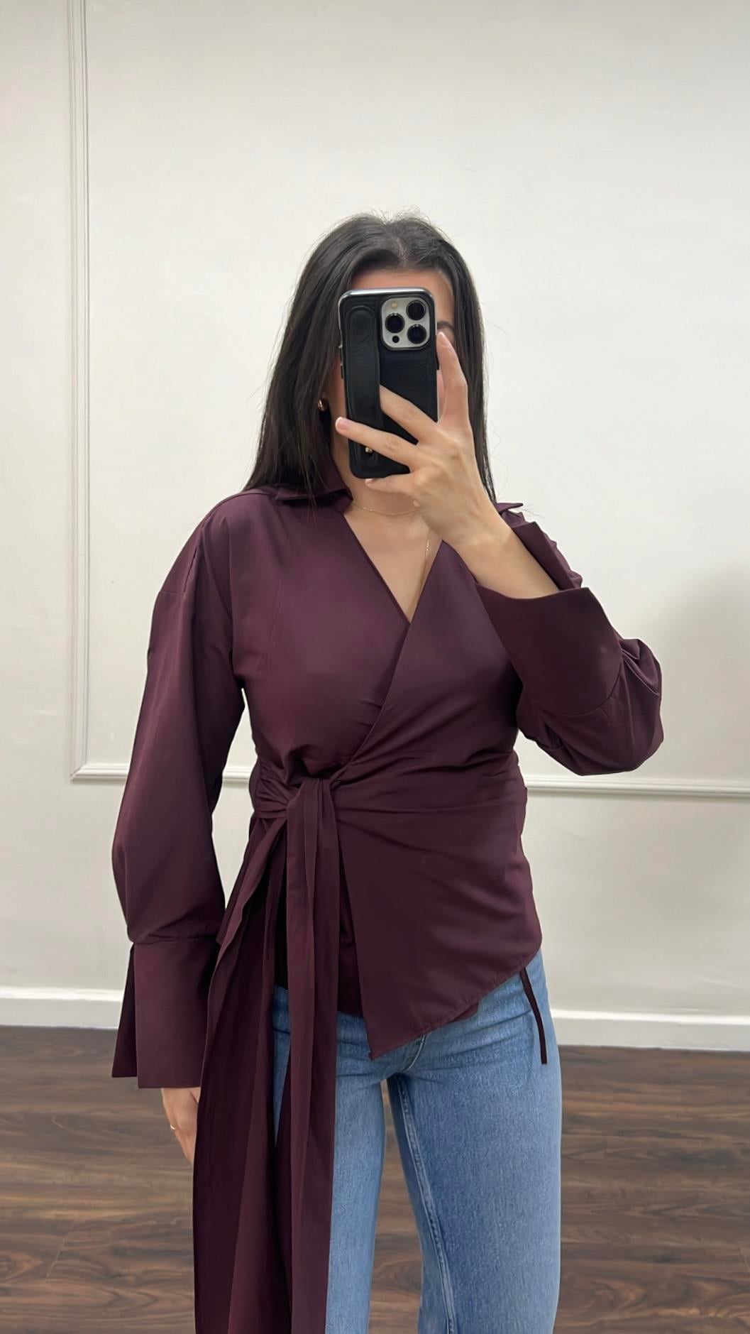 Mürdüm Tasarım Bağlamalı Poplin Gömlek