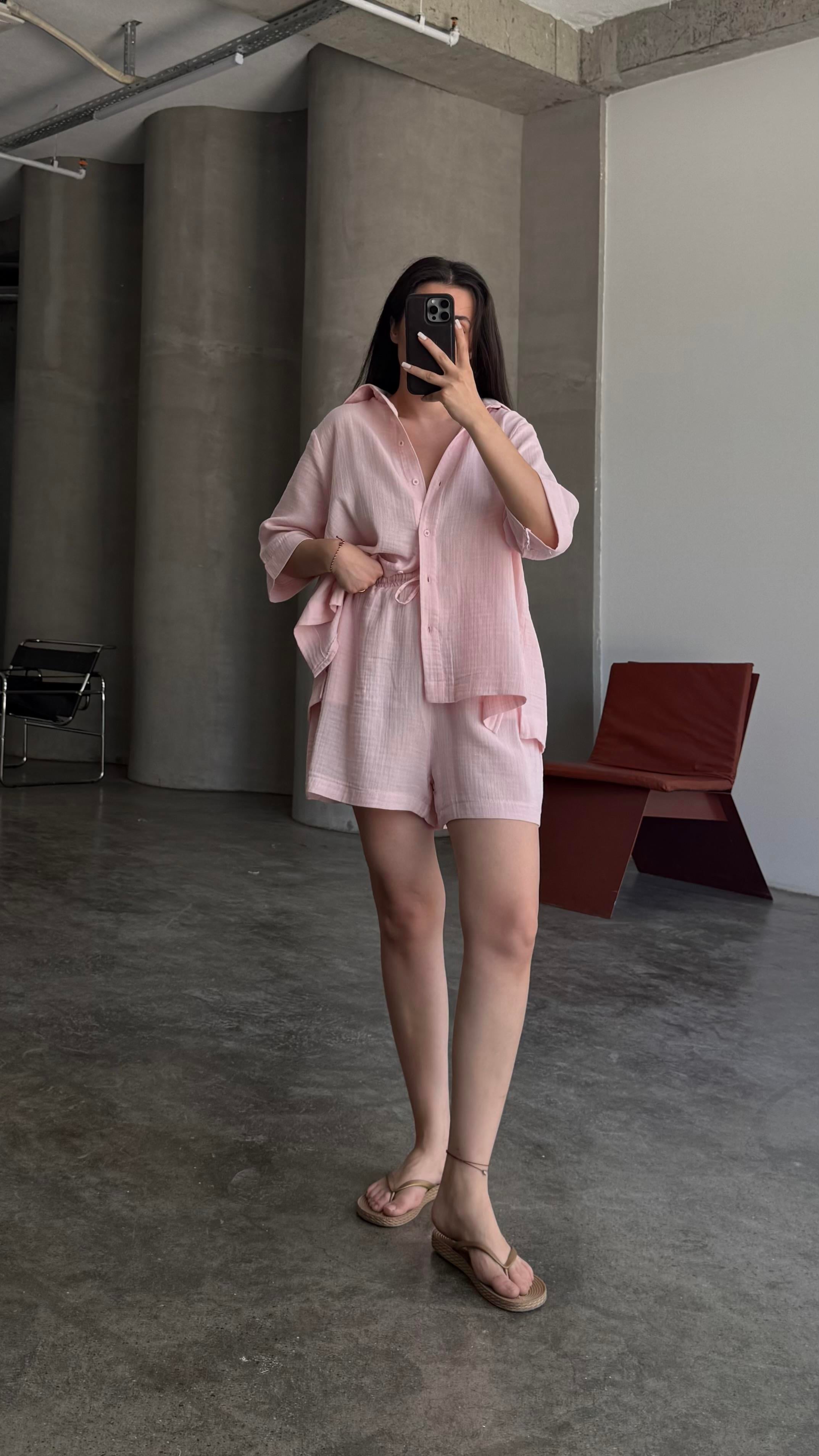 Müslin Soft Pembe Gömlek Şort 2'li Takım