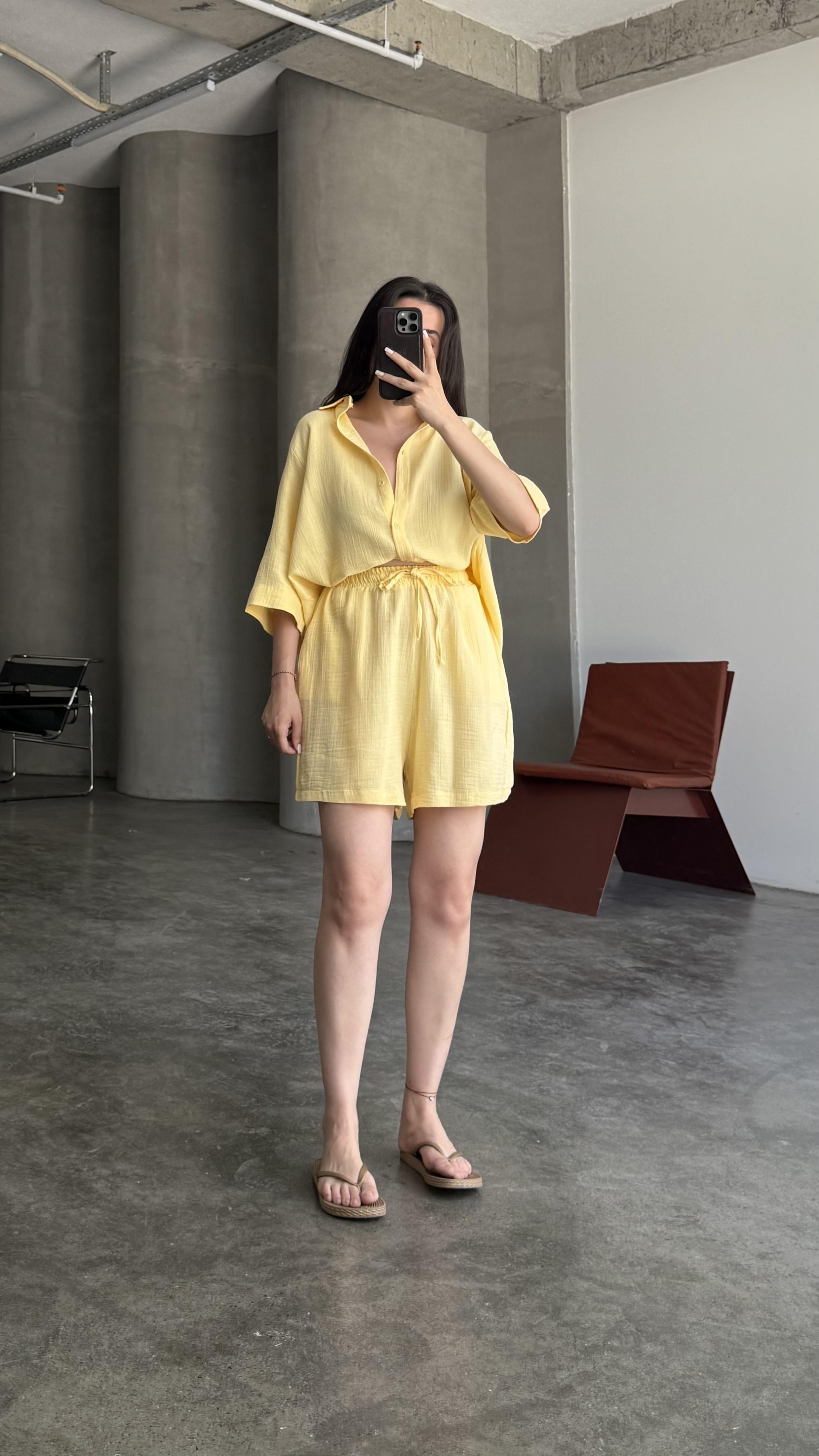 Müslin Soft Sarı Gömlek Şort 2'li Takım