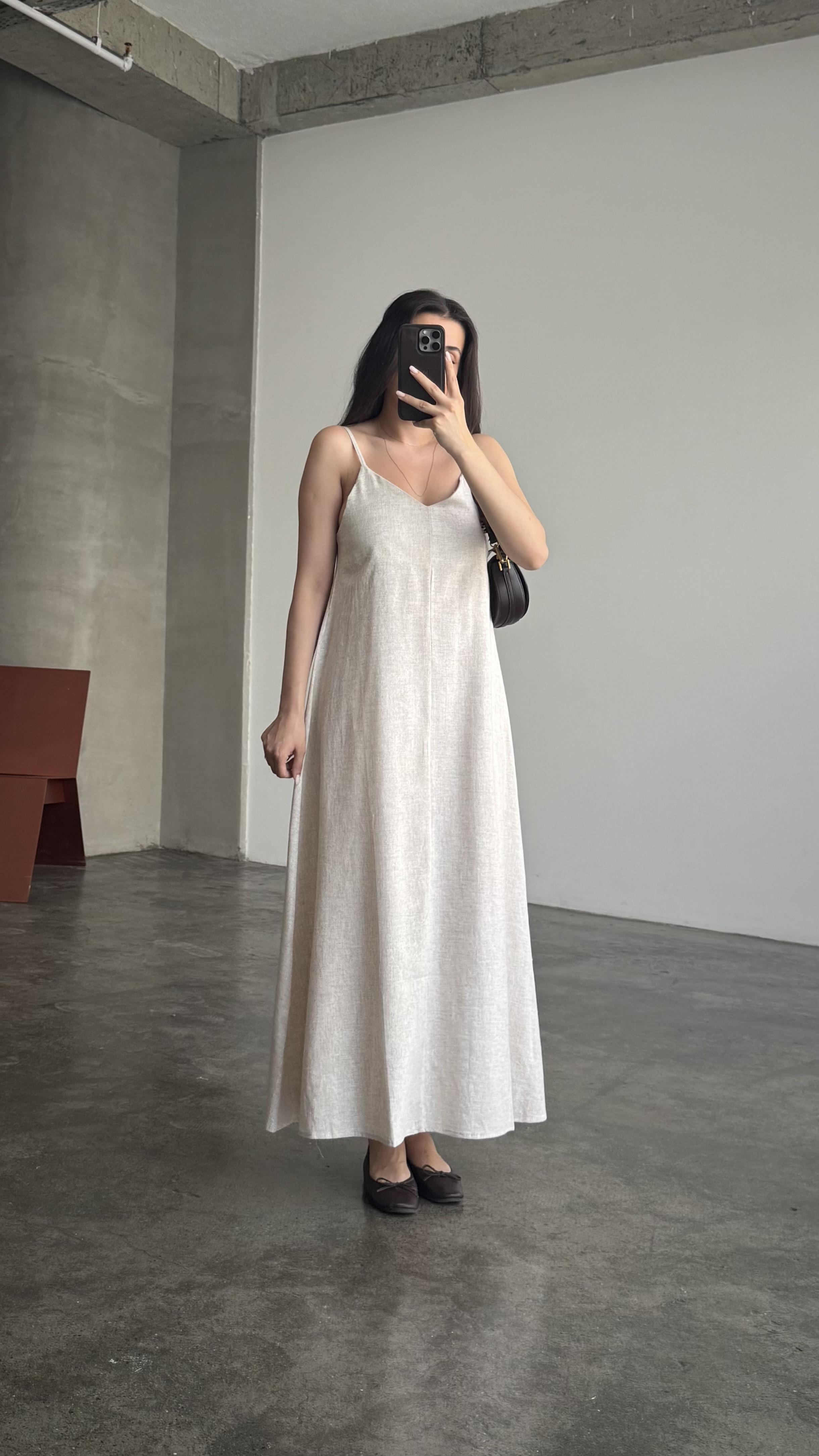 Natural İp Askılı Ham Keten Elbise