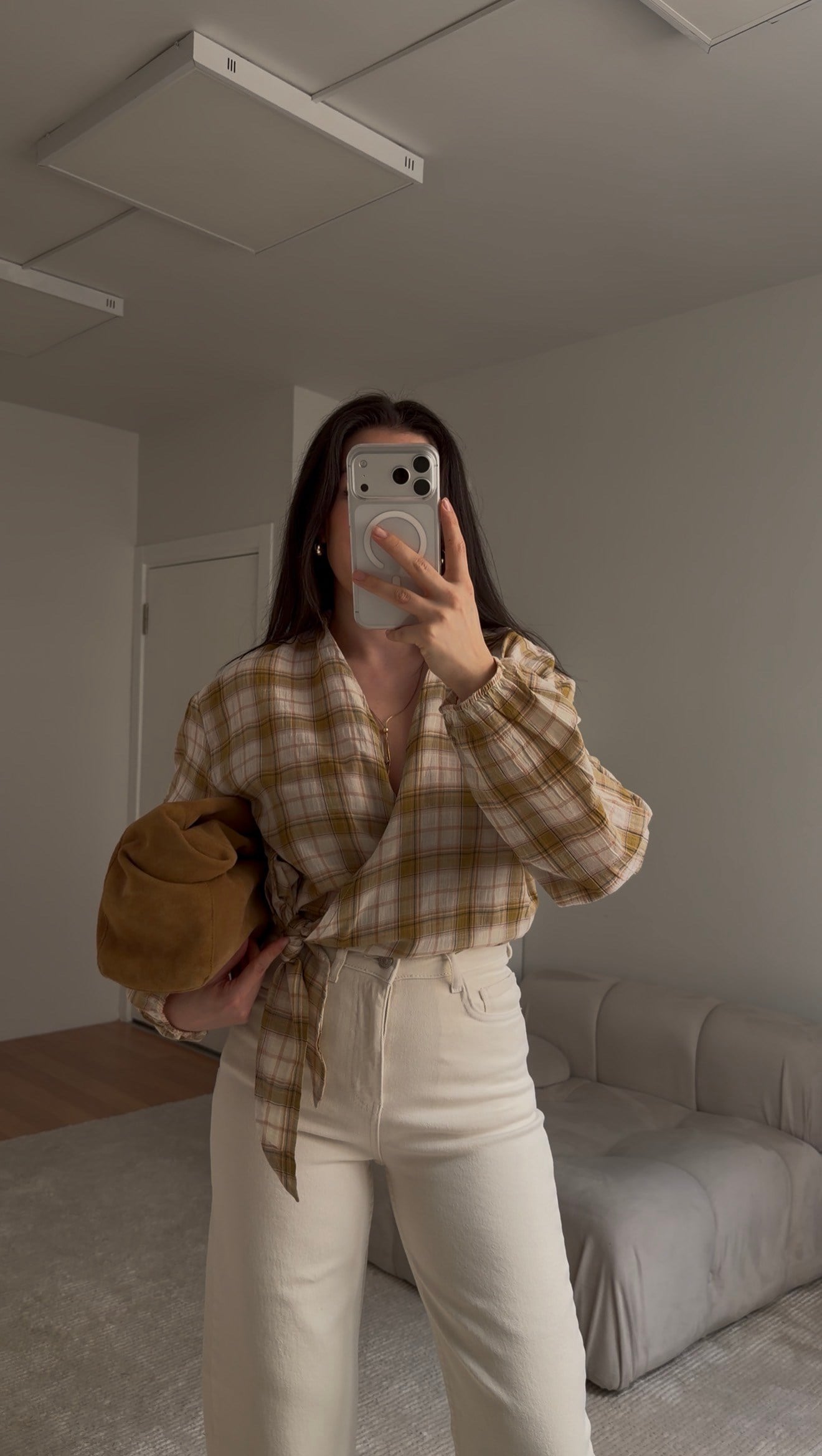 Olive Çift Bağlamalı Ekose Desen  Gömlek