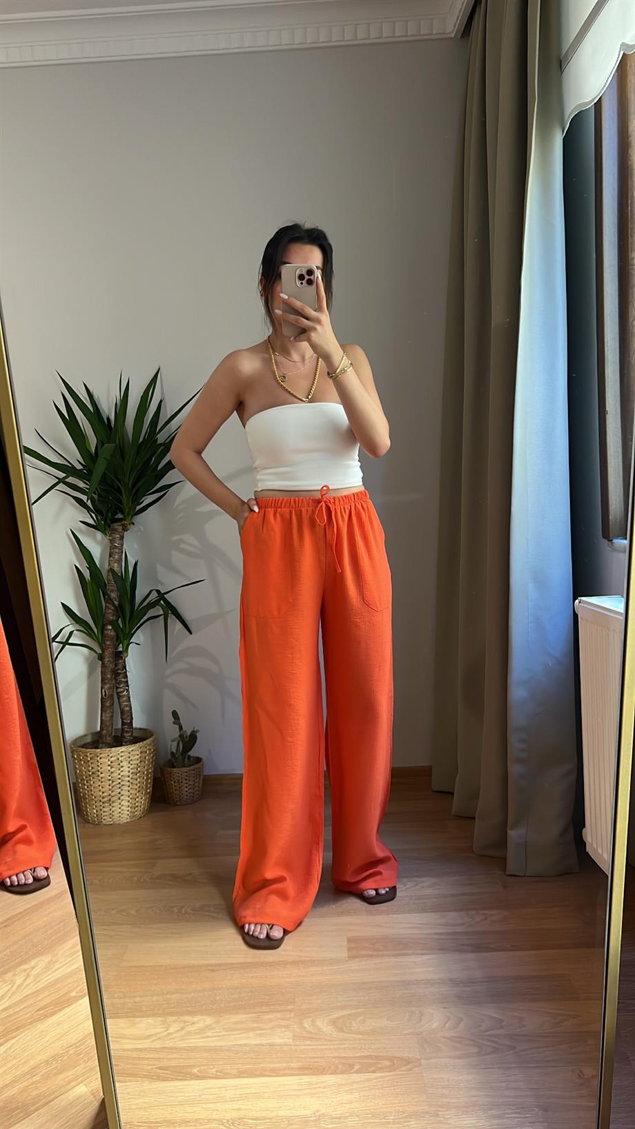 Oranj Beli Lastikli Bol Paça Krinkıl Pantolon