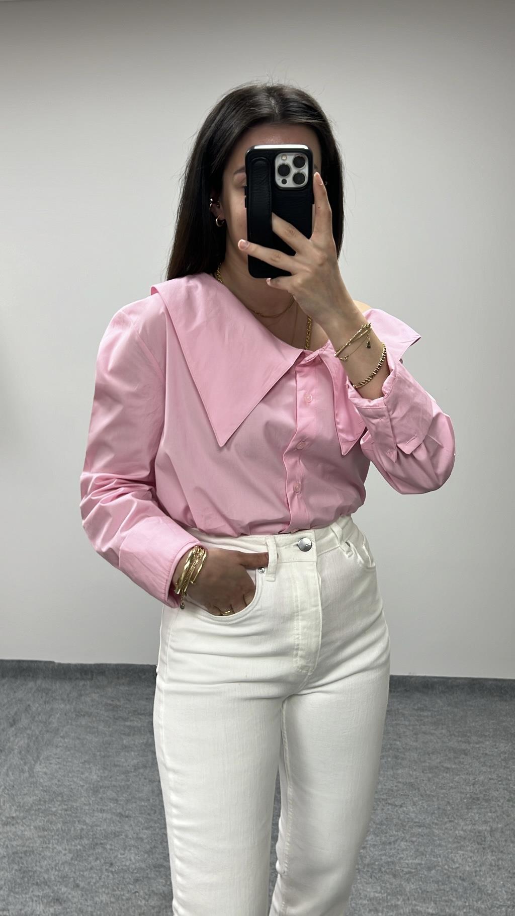 ÖZEL TASARIM PEMBE ASİMETRİK GÖMLEK