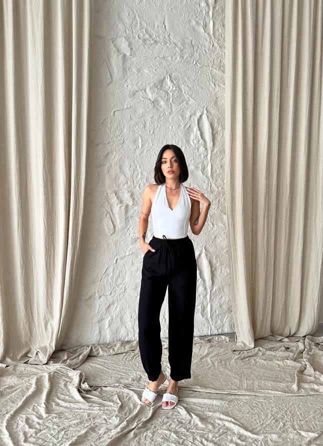 Paça Detay Siyah Müslin Pantalon