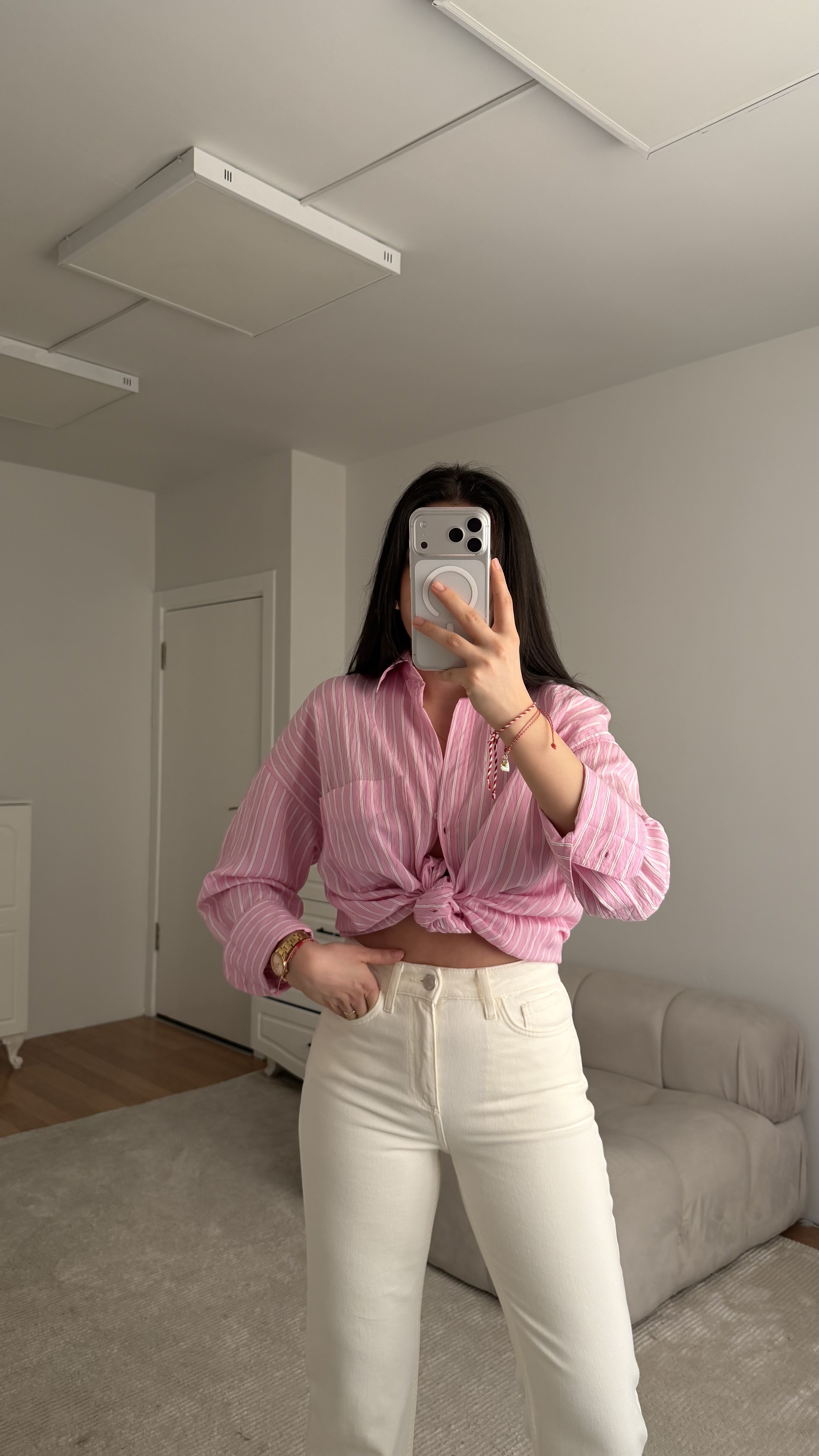 Pembe Çizgili Cep Detaylı Poplin Gömlek 