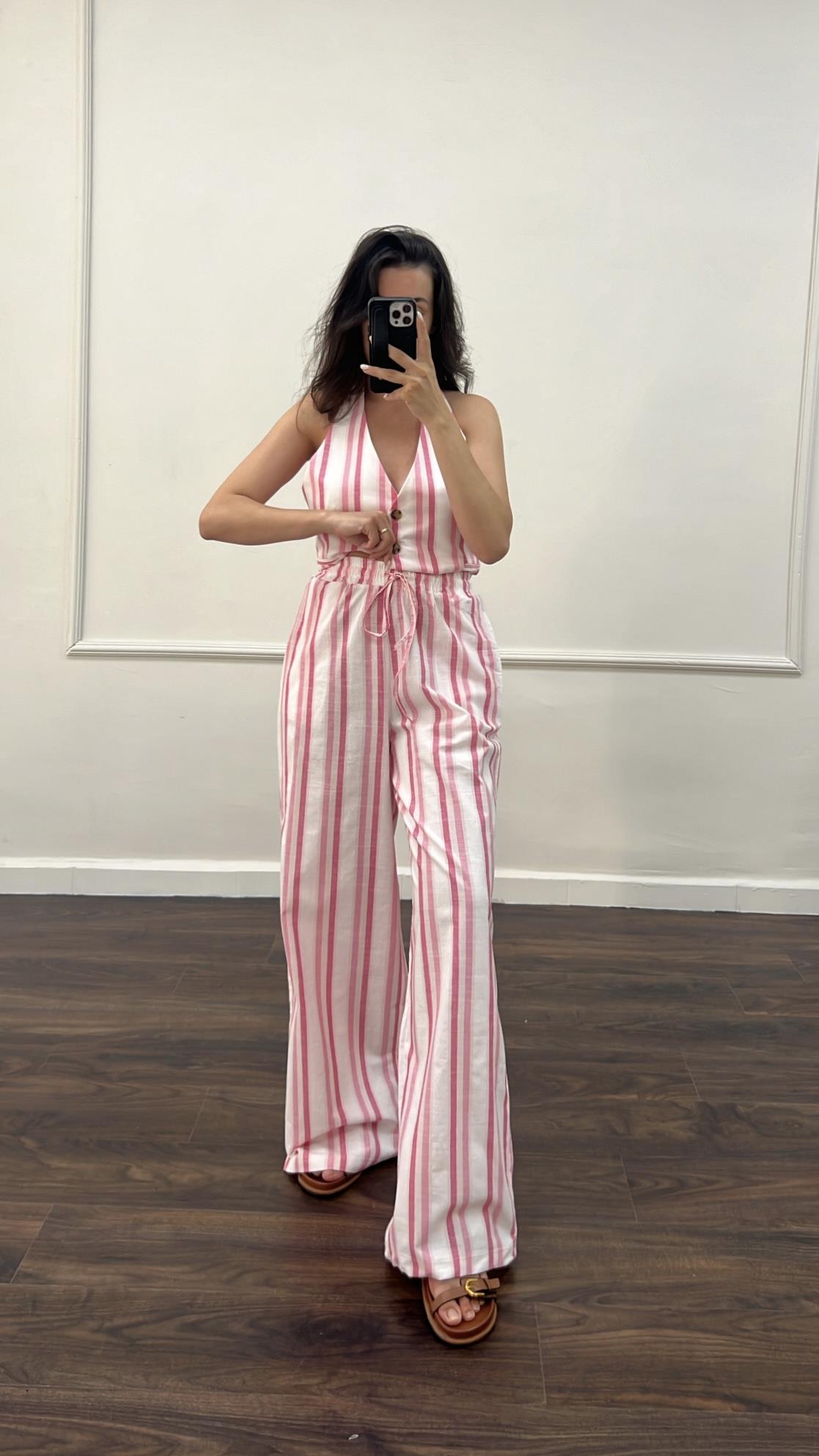 Pembe Çizgili Keten Bol Pantolon