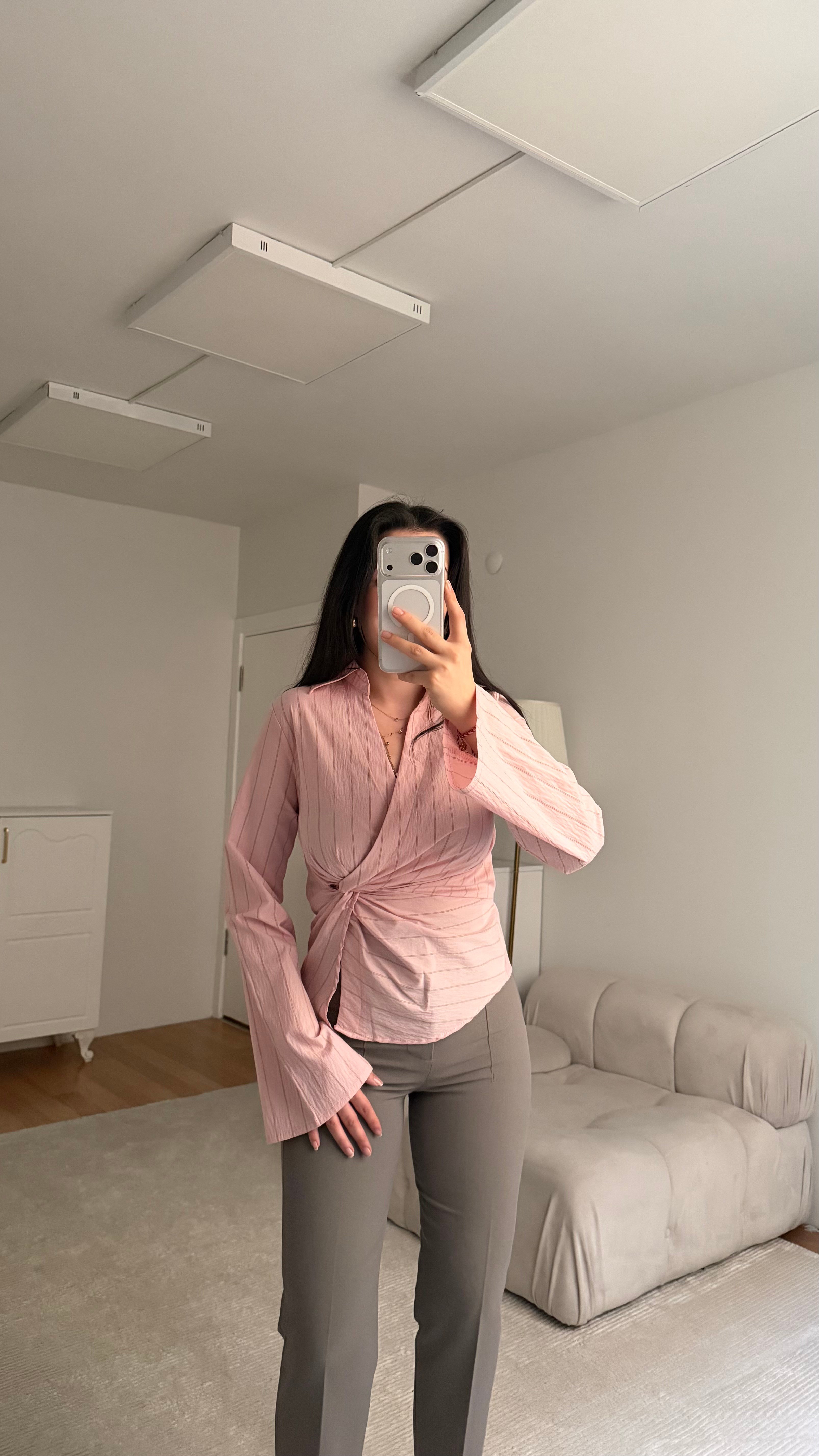 Pembe Çizgili Kruvaze Bağlamalı Gömlek 
