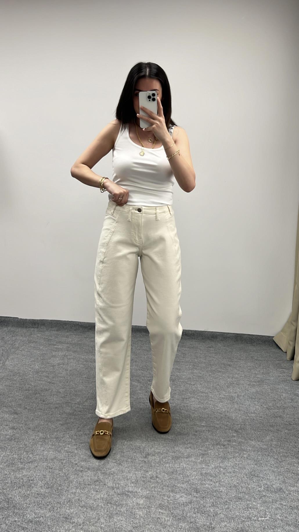 Pılcro Bej Orta Bel Mom Fit Jean