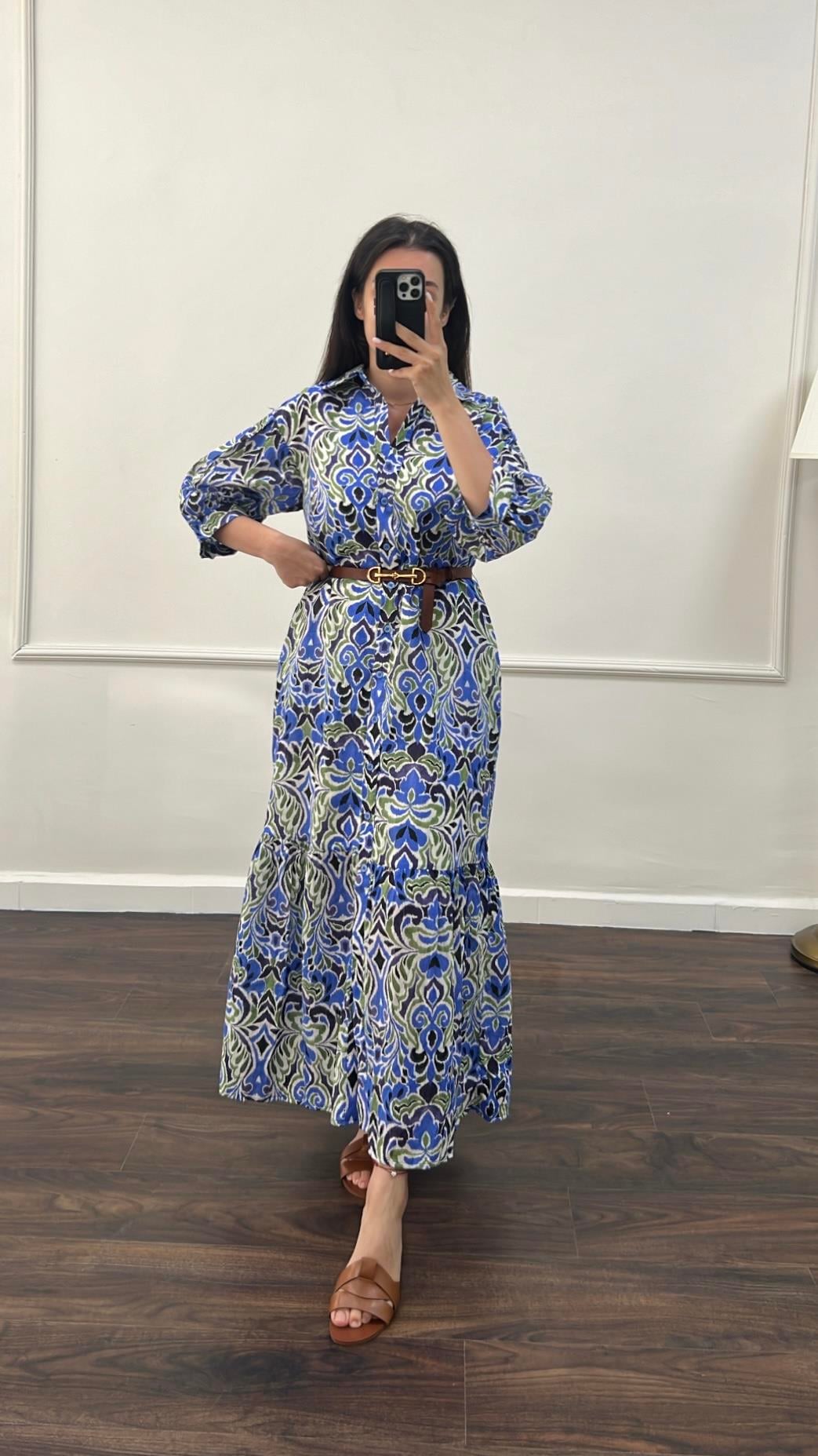Rever Desenli Fakir Kol Maxi Elbise