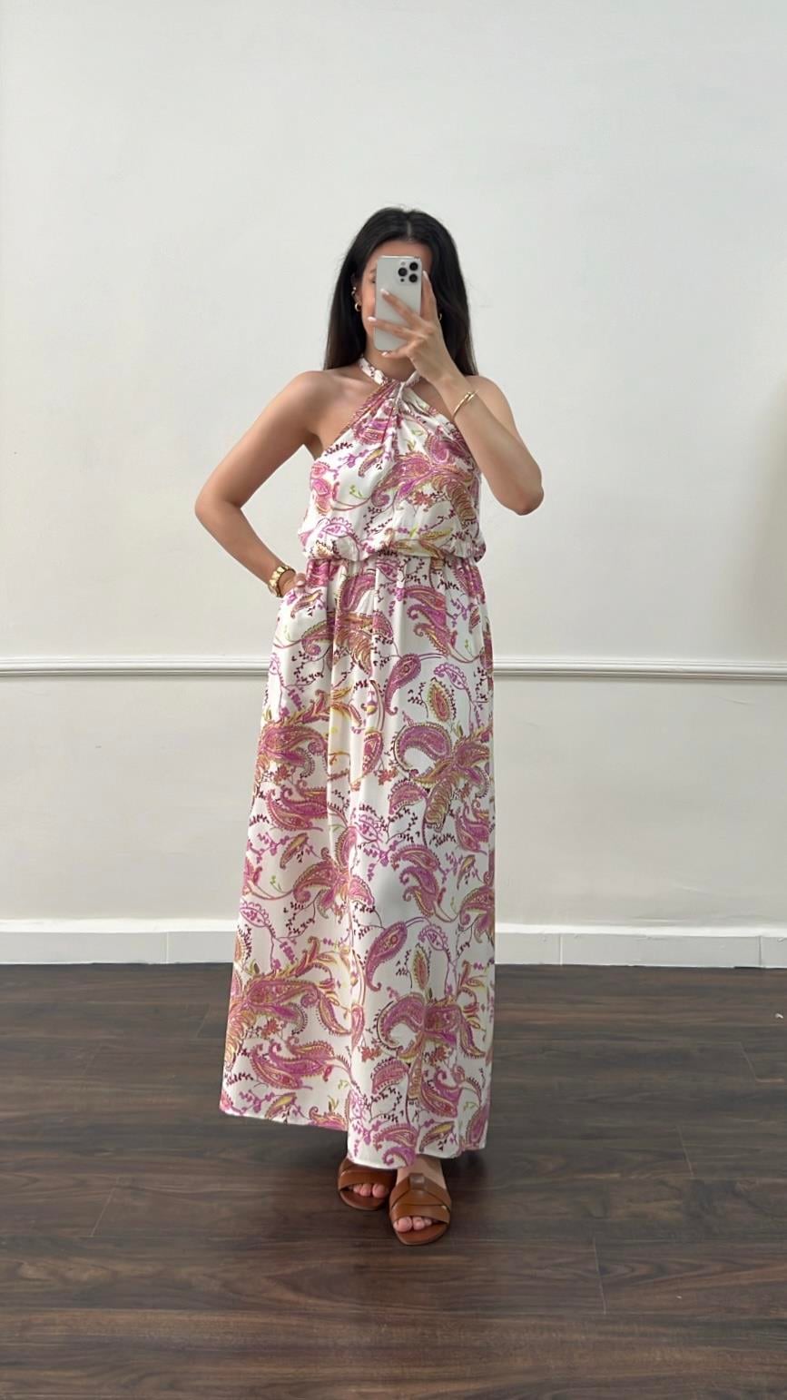 Rever Halter Yaka Pembe Desenli Cepli Elbise