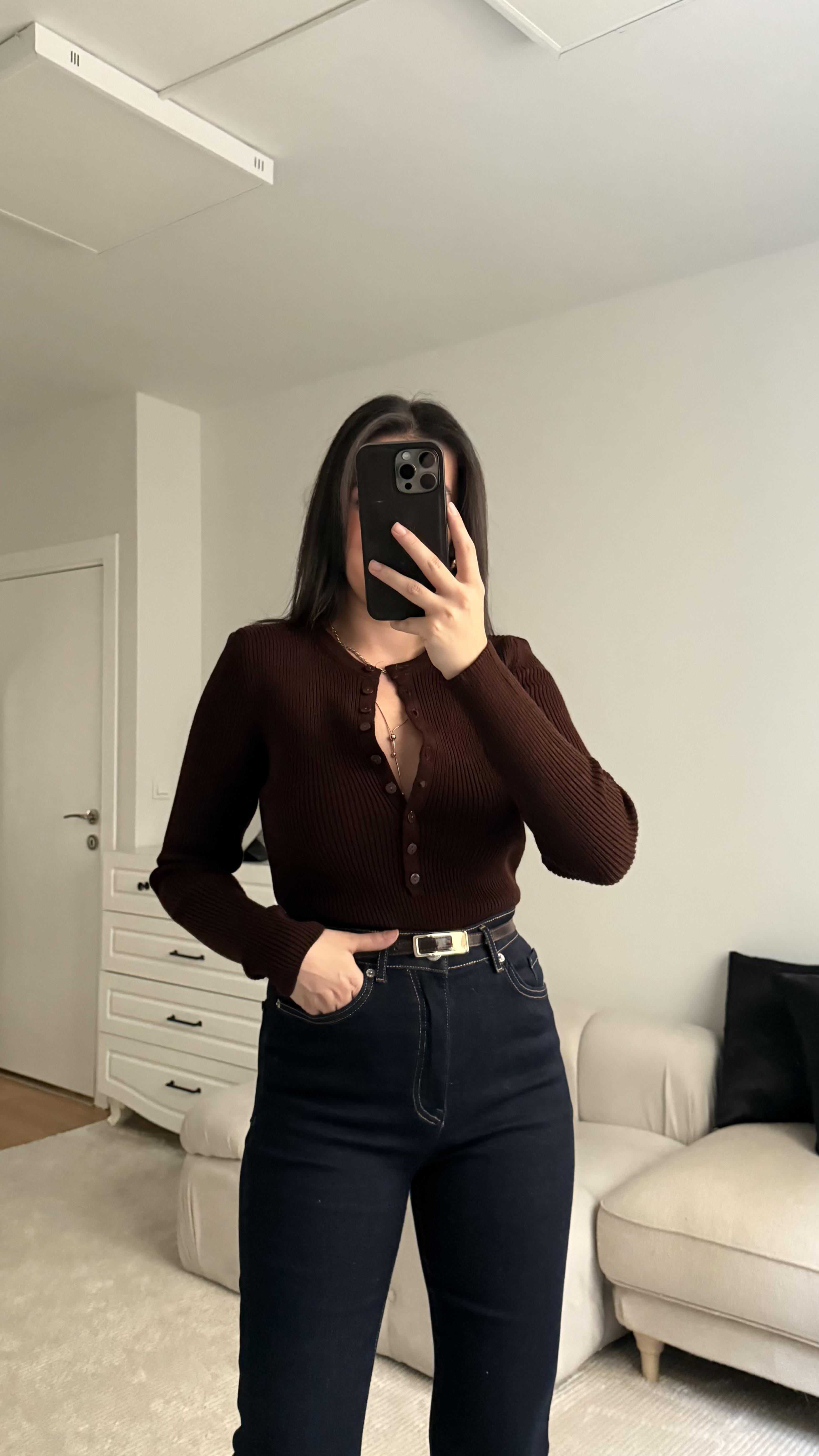 Rey Acı Kahve Full Düğmeli Triko