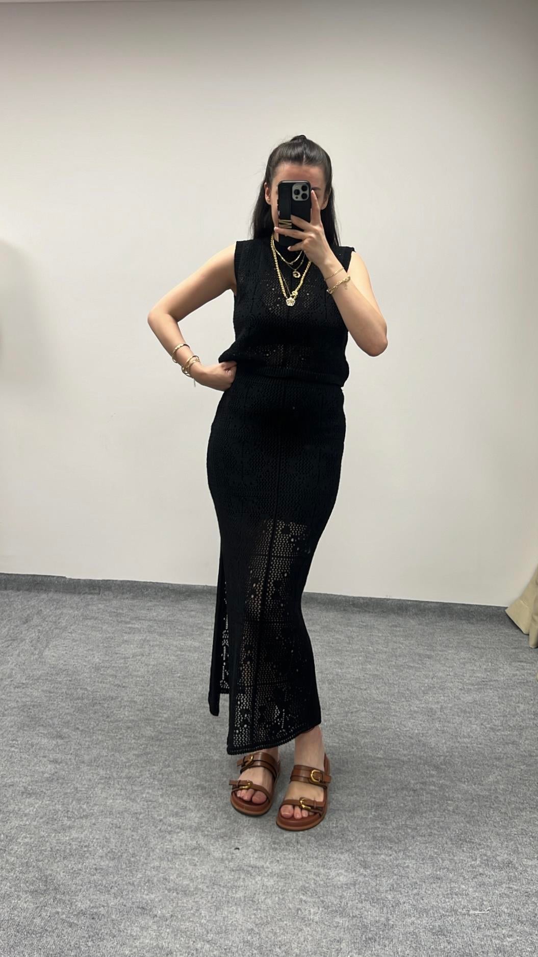 Şina Siyah Örme Crop Etek Takım
