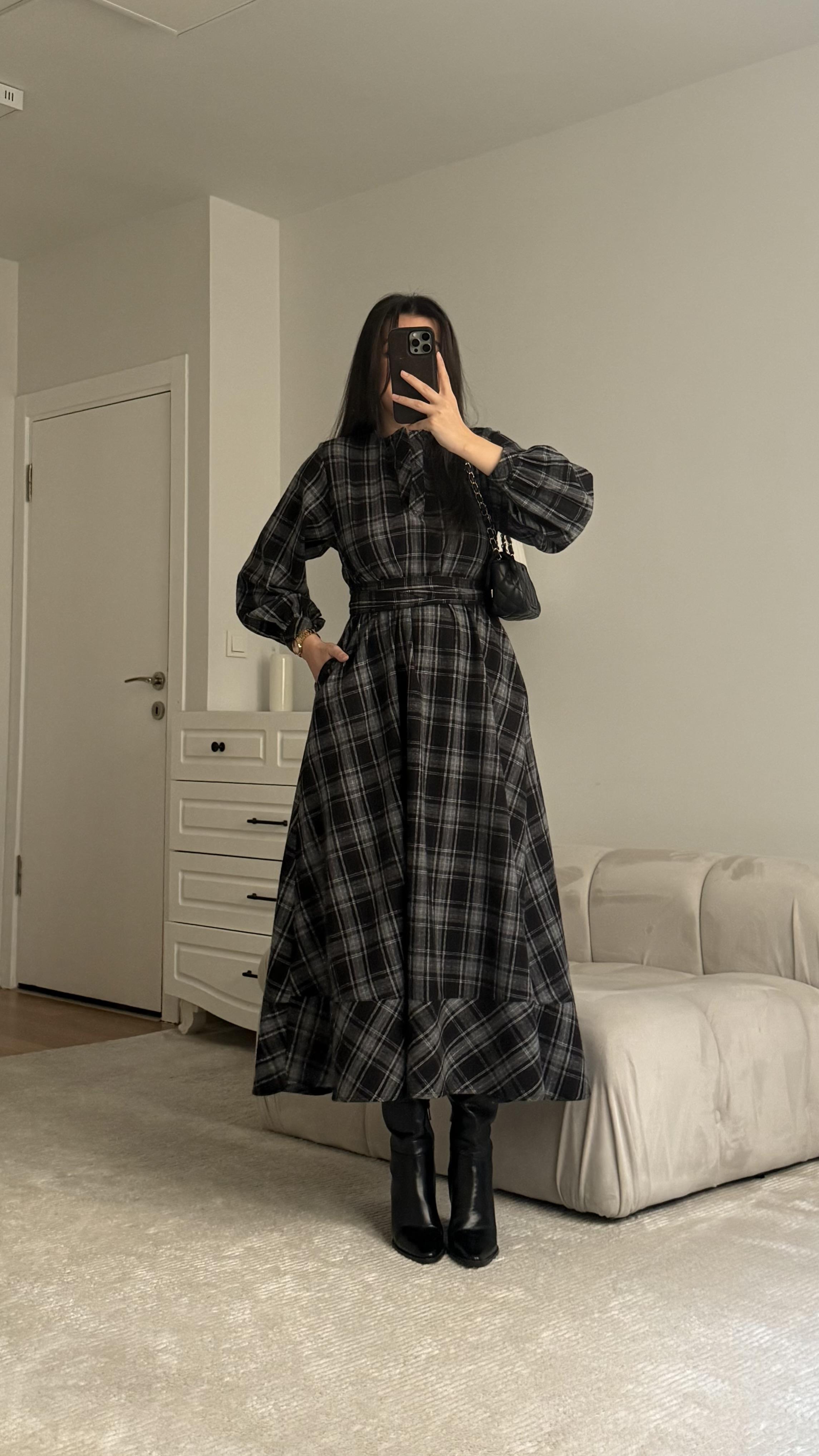 Siyah Antrasit Ekose Desen Kemerli Elbise